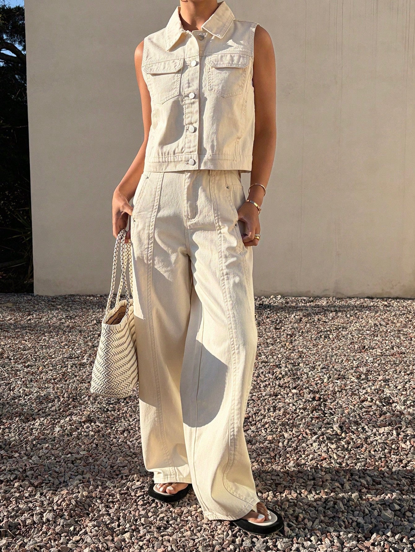 CM-SS888261 Women Elegant Seoul Style Collared Neckline Sleeveless Top With Long Pants - Set