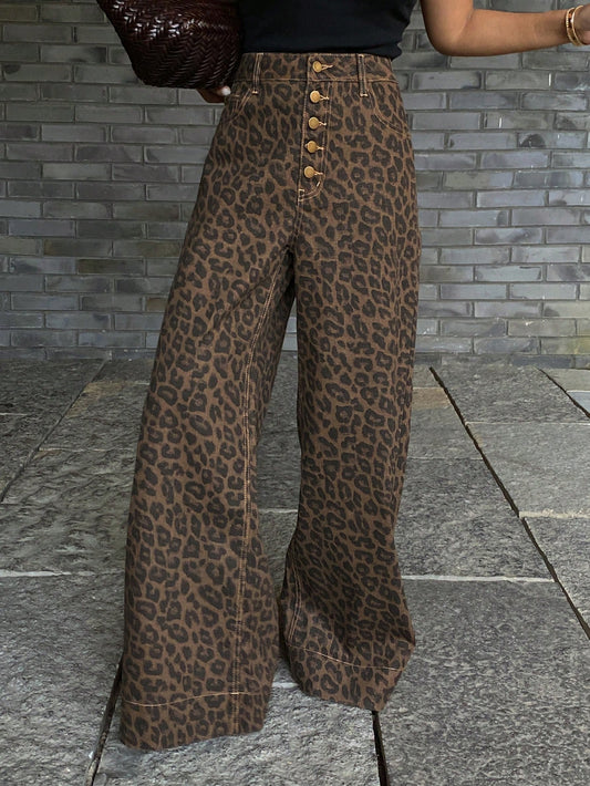 CM-BS842417 Women Casual Seoul Style Mid Waist Leopard Pattern Loose Fit Jeans - Coffee Brown