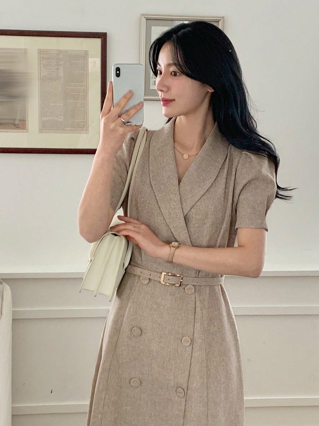 CM-DS760867 Women Elegant Seoul Style V-Neck Short Sleeve High Waist Mid-Length Dress - Khaki