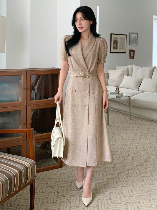CM-DS760867 Women Elegant Seoul Style V-Neck Short Sleeve High Waist Mid-Length Dress - Khaki
