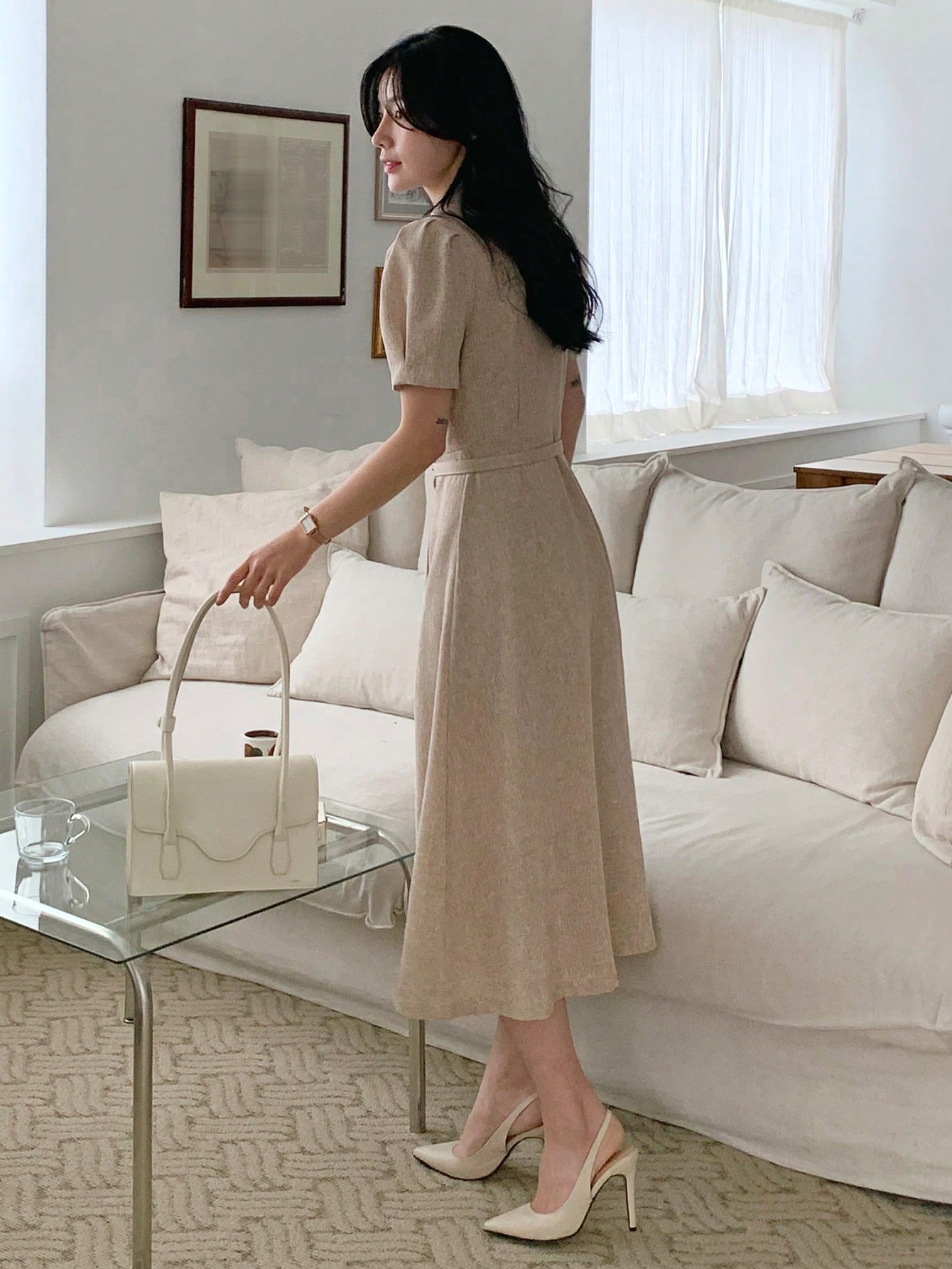 CM-DS760867 Women Elegant Seoul Style V-Neck Short Sleeve High Waist Mid-Length Dress - Khaki