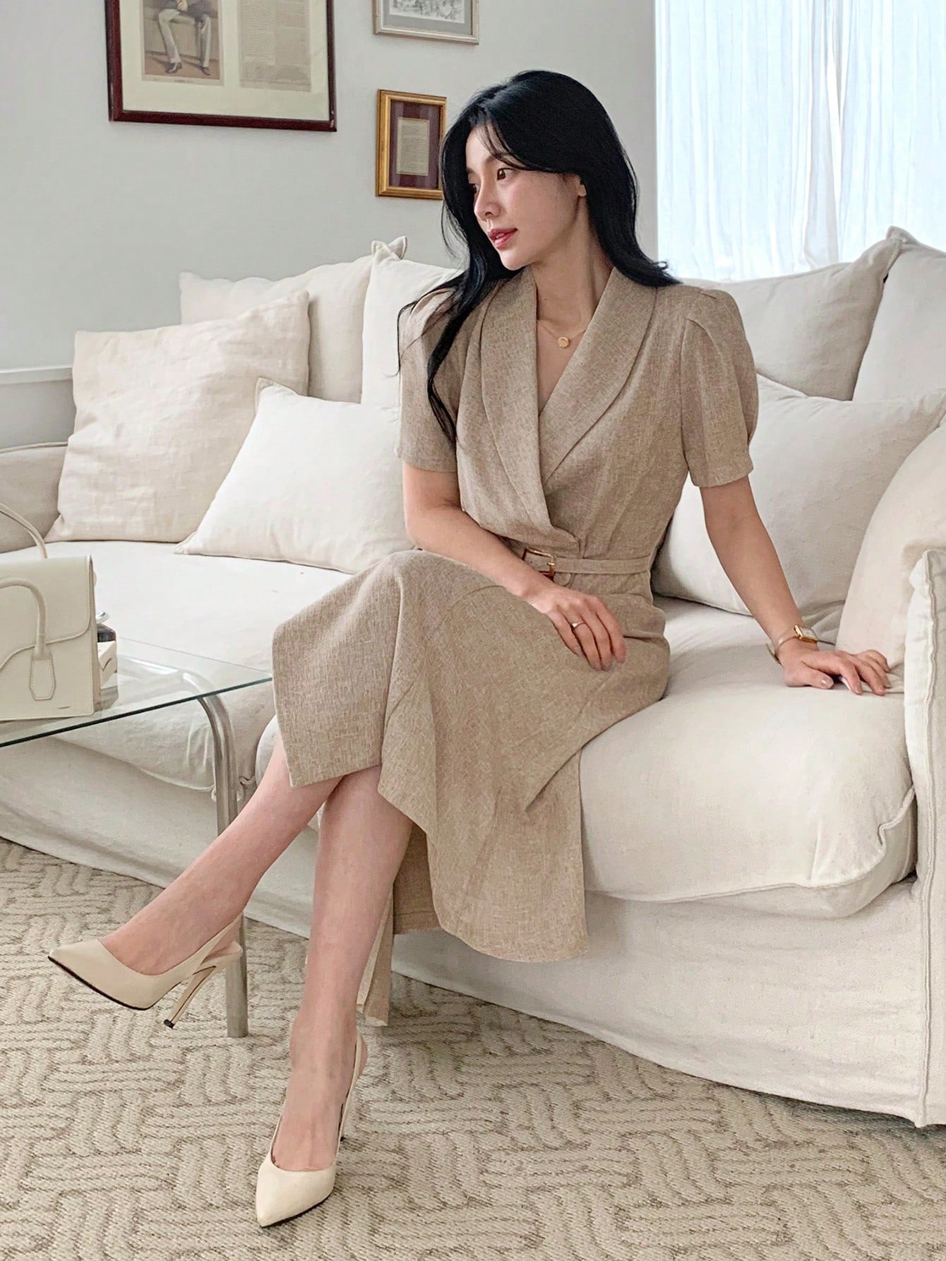 CM-DS760867 Women Elegant Seoul Style V-Neck Short Sleeve High Waist Mid-Length Dress - Khaki