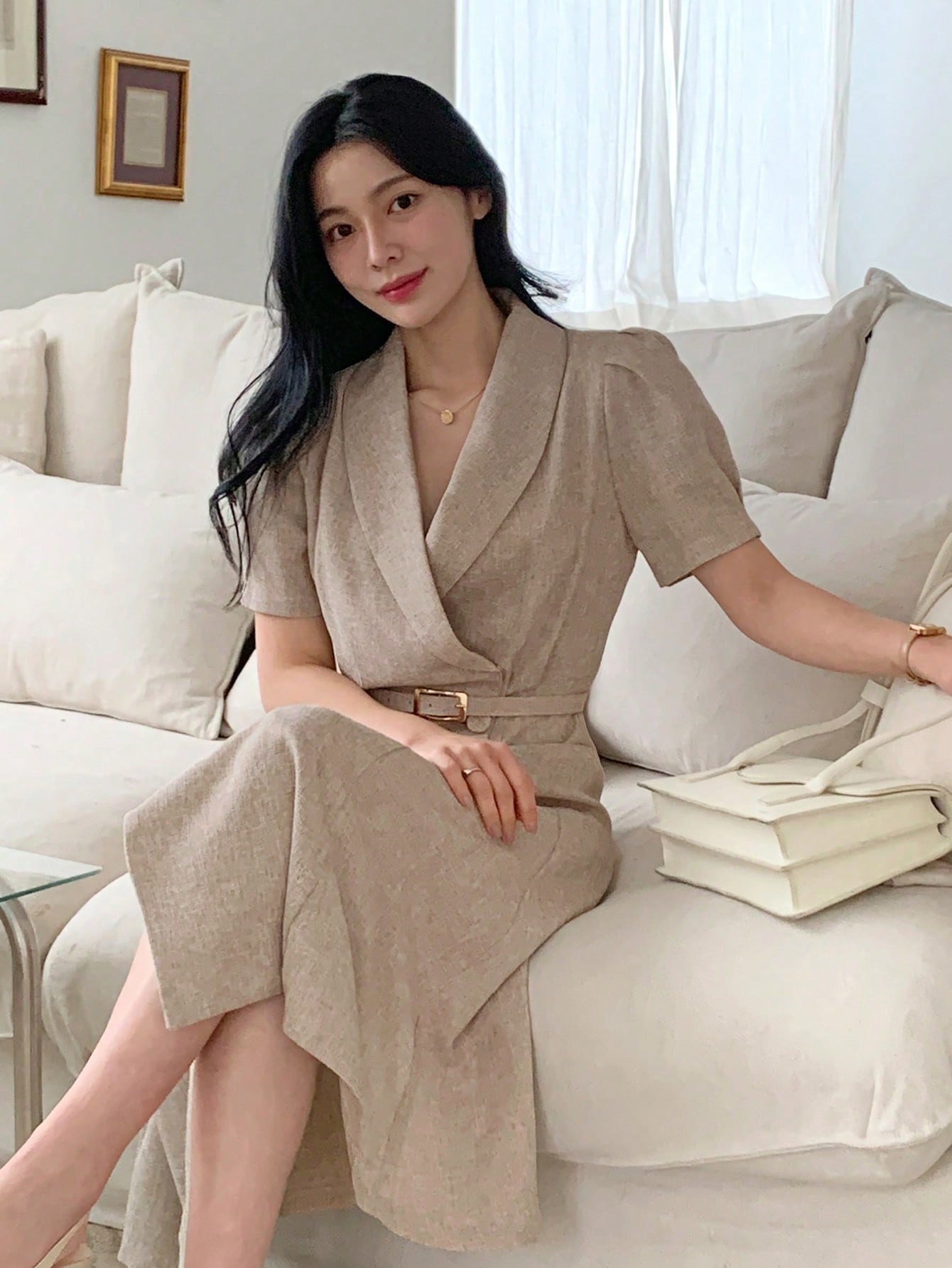 CM-DS760867 Women Elegant Seoul Style V-Neck Short Sleeve High Waist Mid-Length Dress - Khaki