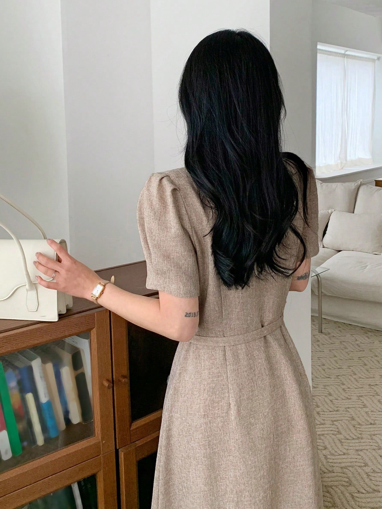 CM-DS760867 Women Elegant Seoul Style V-Neck Short Sleeve High Waist Mid-Length Dress - Khaki