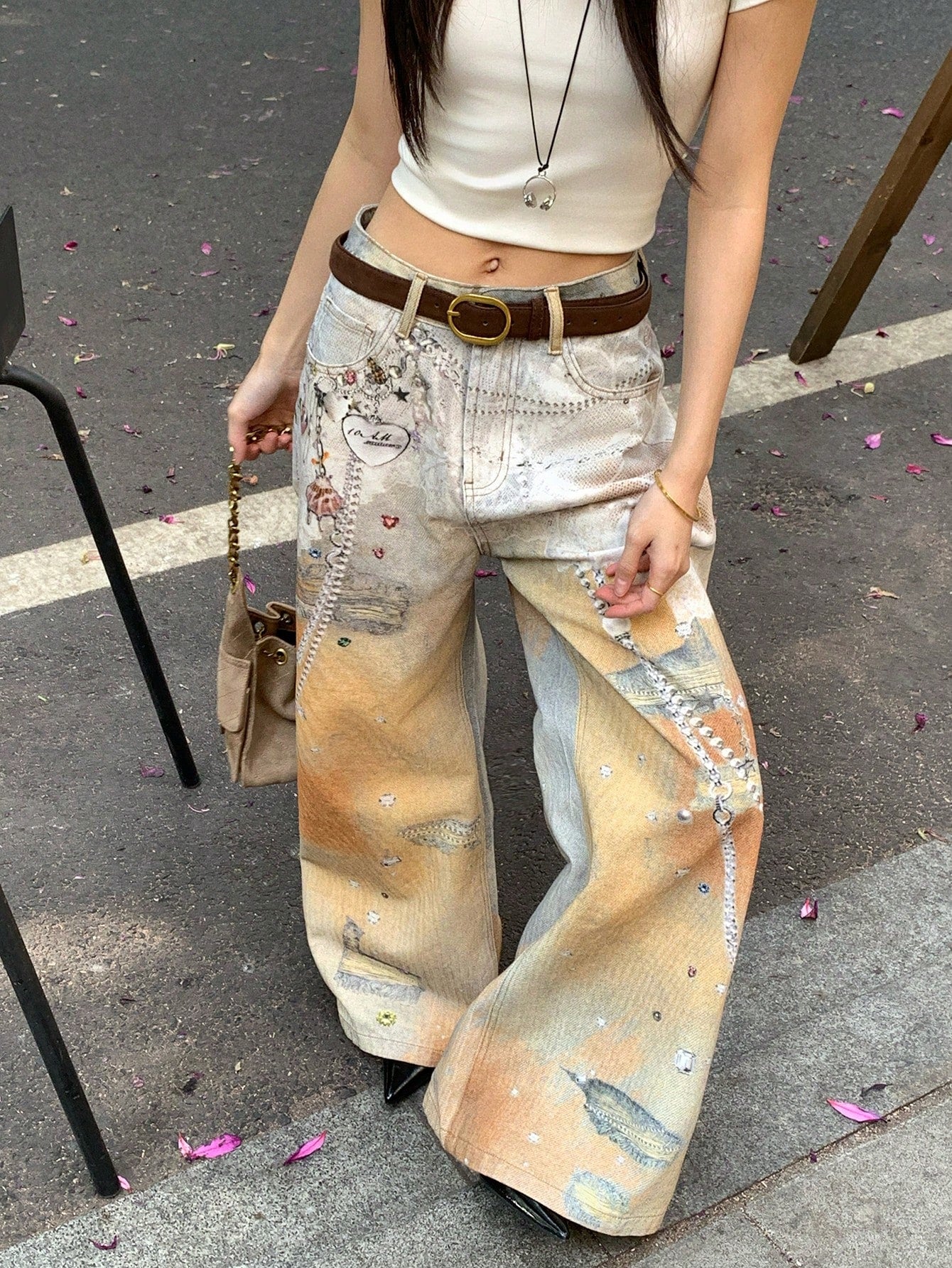 CM-BS287825 Women Casual Seoul Style Mid Waist Oversized Printed Loose Fit Jeans