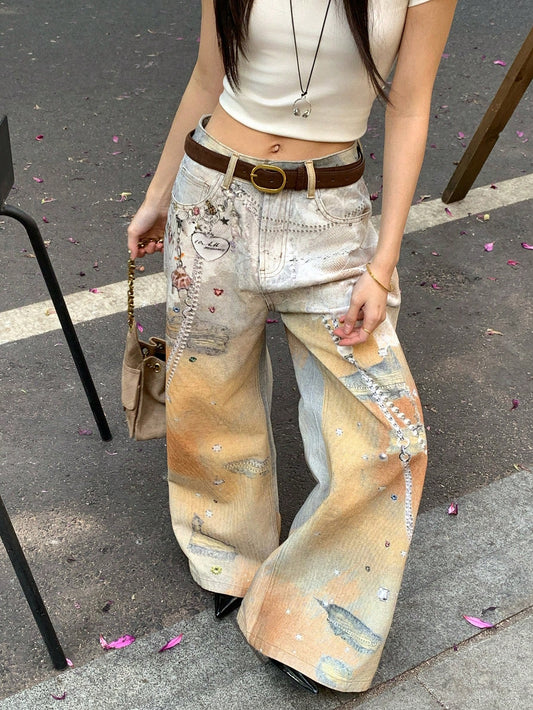 CM-BS287825 Women Casual Seoul Style Mid Waist Oversized Printed Loose Fit Jeans