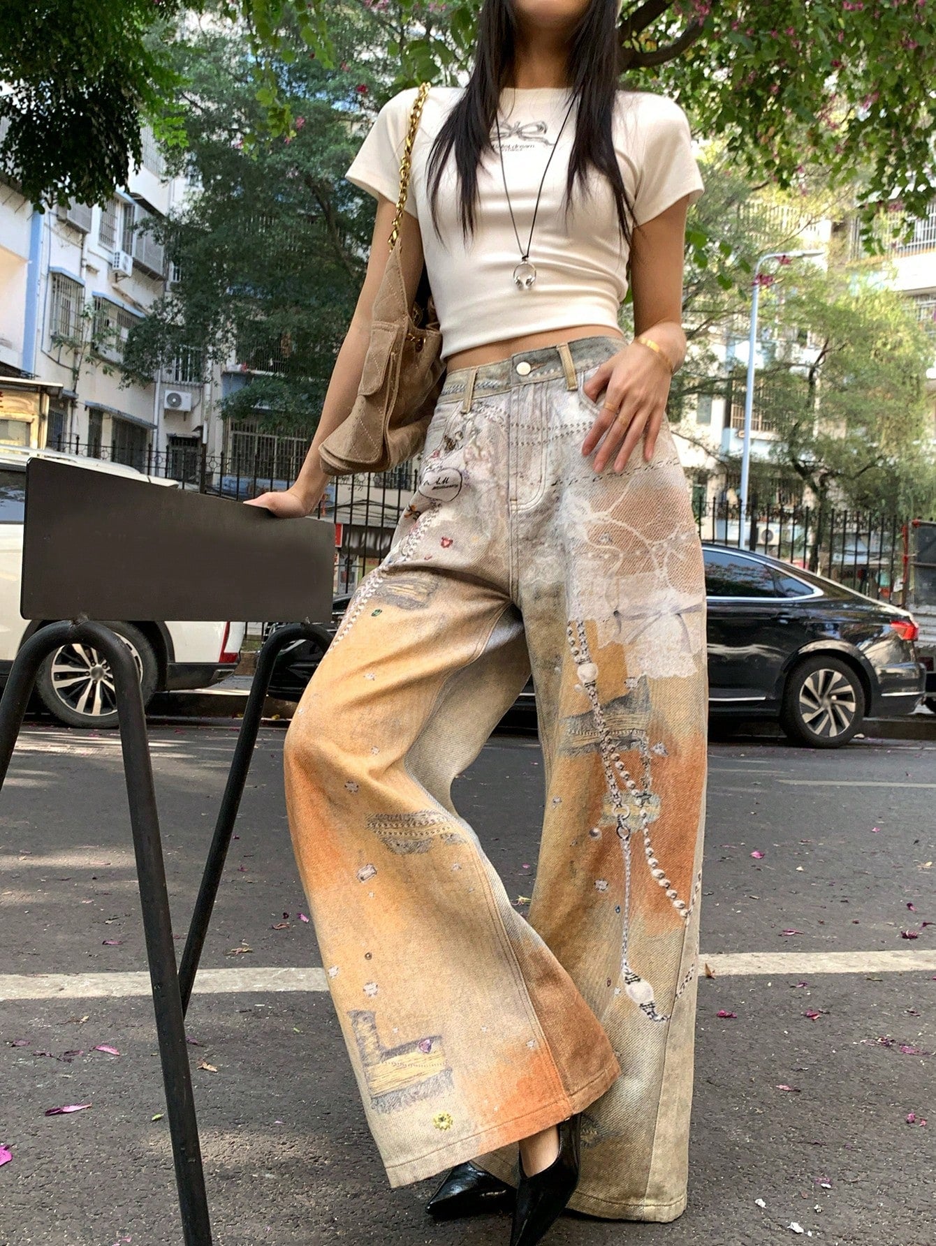 CM-BS287825 Women Casual Seoul Style Mid Waist Oversized Printed Loose Fit Jeans
