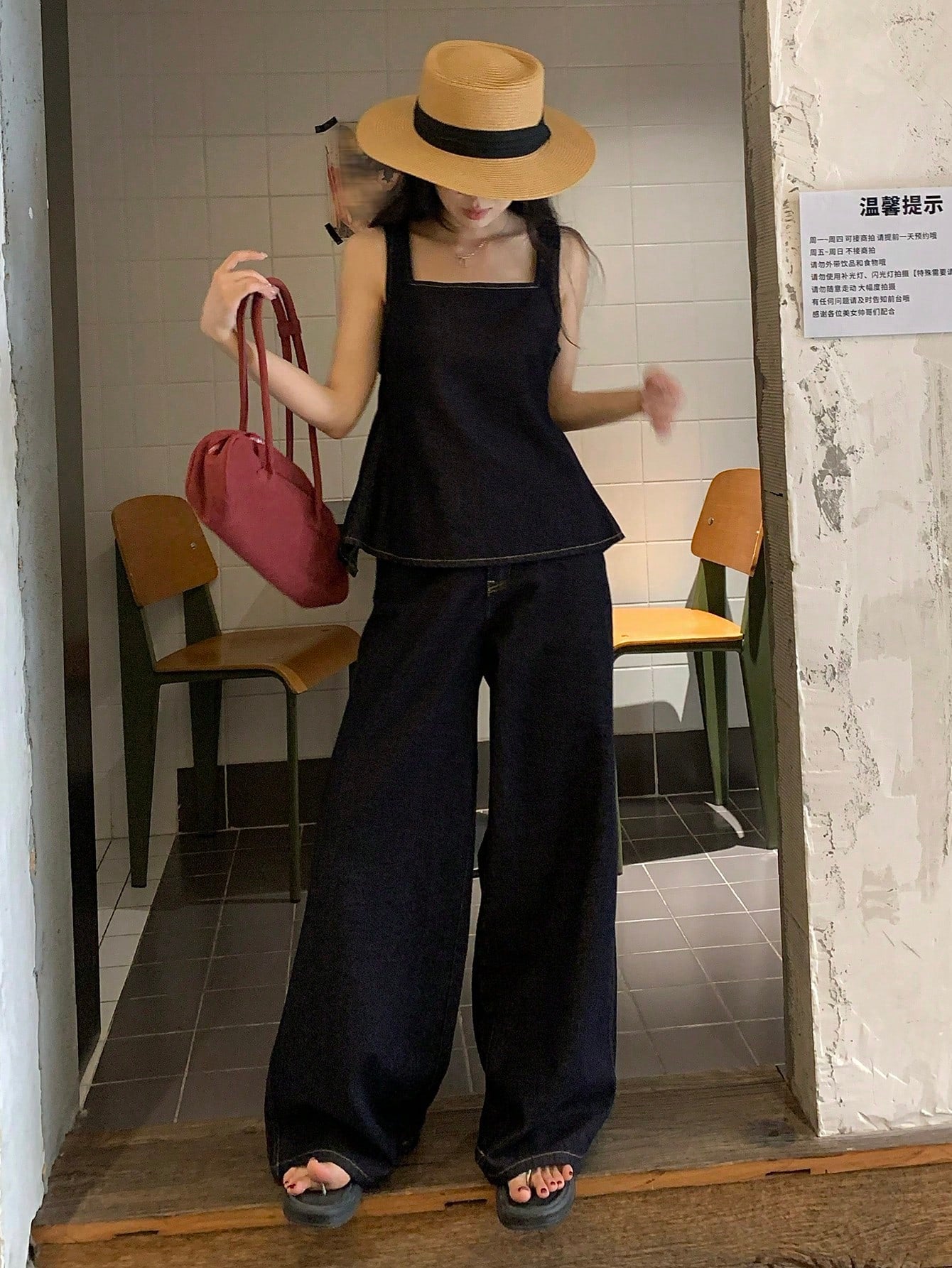 CM-SS041544 Women Casual Seoul Style Straps Neckline Sleeveless Shirt With Loose Fit Jeans - Set