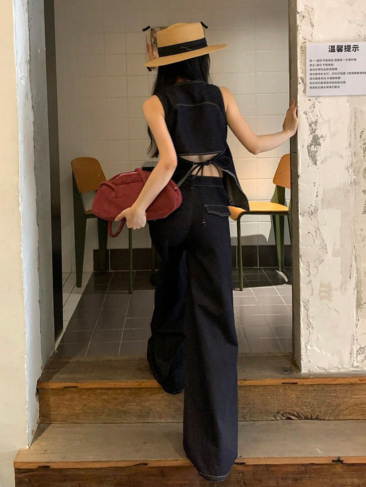 CM-SS041544 Women Casual Seoul Style Straps Neckline Sleeveless Shirt With Loose Fit Jeans - Set