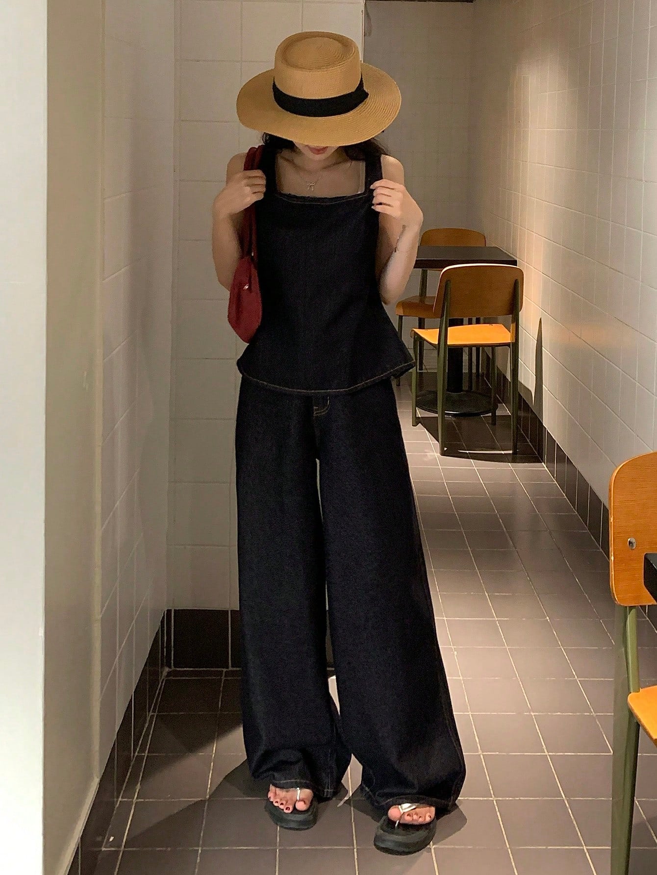 CM-SS041544 Women Casual Seoul Style Straps Neckline Sleeveless Shirt With Loose Fit Jeans - Set