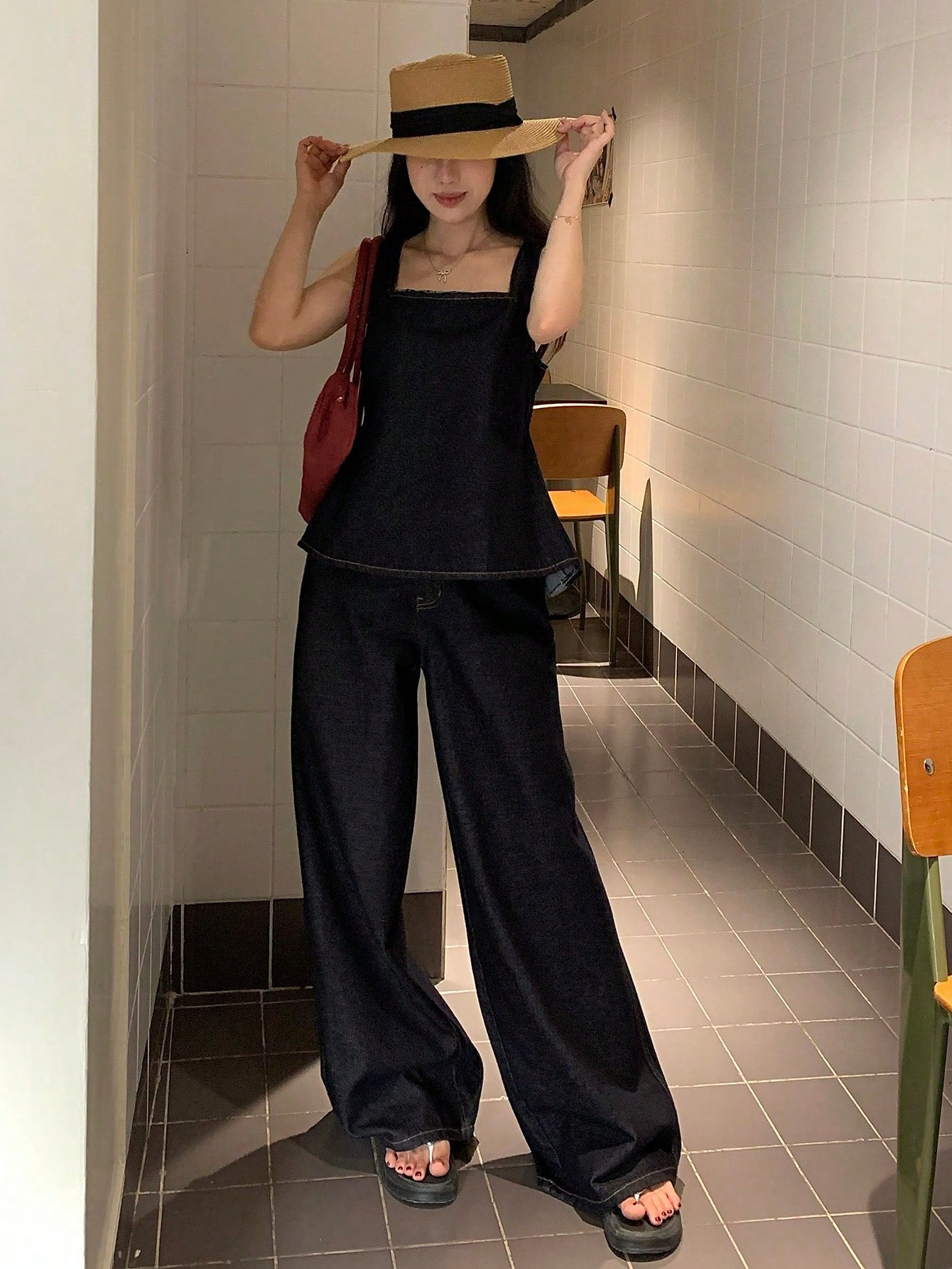 CM-SS041544 Women Casual Seoul Style Straps Neckline Sleeveless Shirt With Loose Fit Jeans - Set