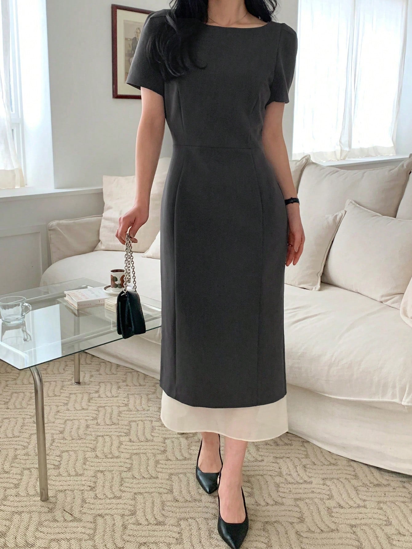 CM-DS250756 Women Casual Seoul Style Round Neck Waist Cinched Short Sleeve Double Layer Mesh Midi Dress