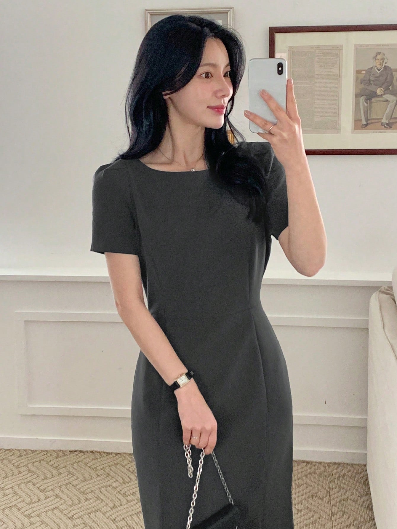 CM-DS250756 Women Casual Seoul Style Round Neck Waist Cinched Short Sleeve Double Layer Mesh Midi Dress