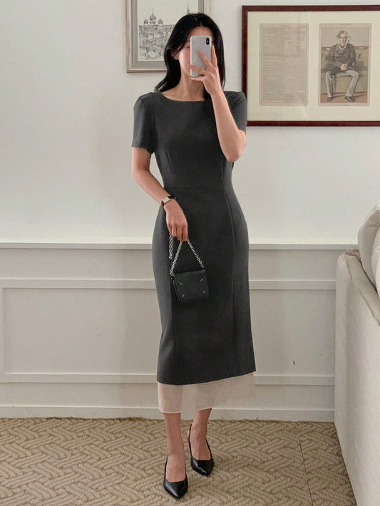CM-DS250756 Women Casual Seoul Style Round Neck Waist Cinched Short Sleeve Double Layer Mesh Midi Dress