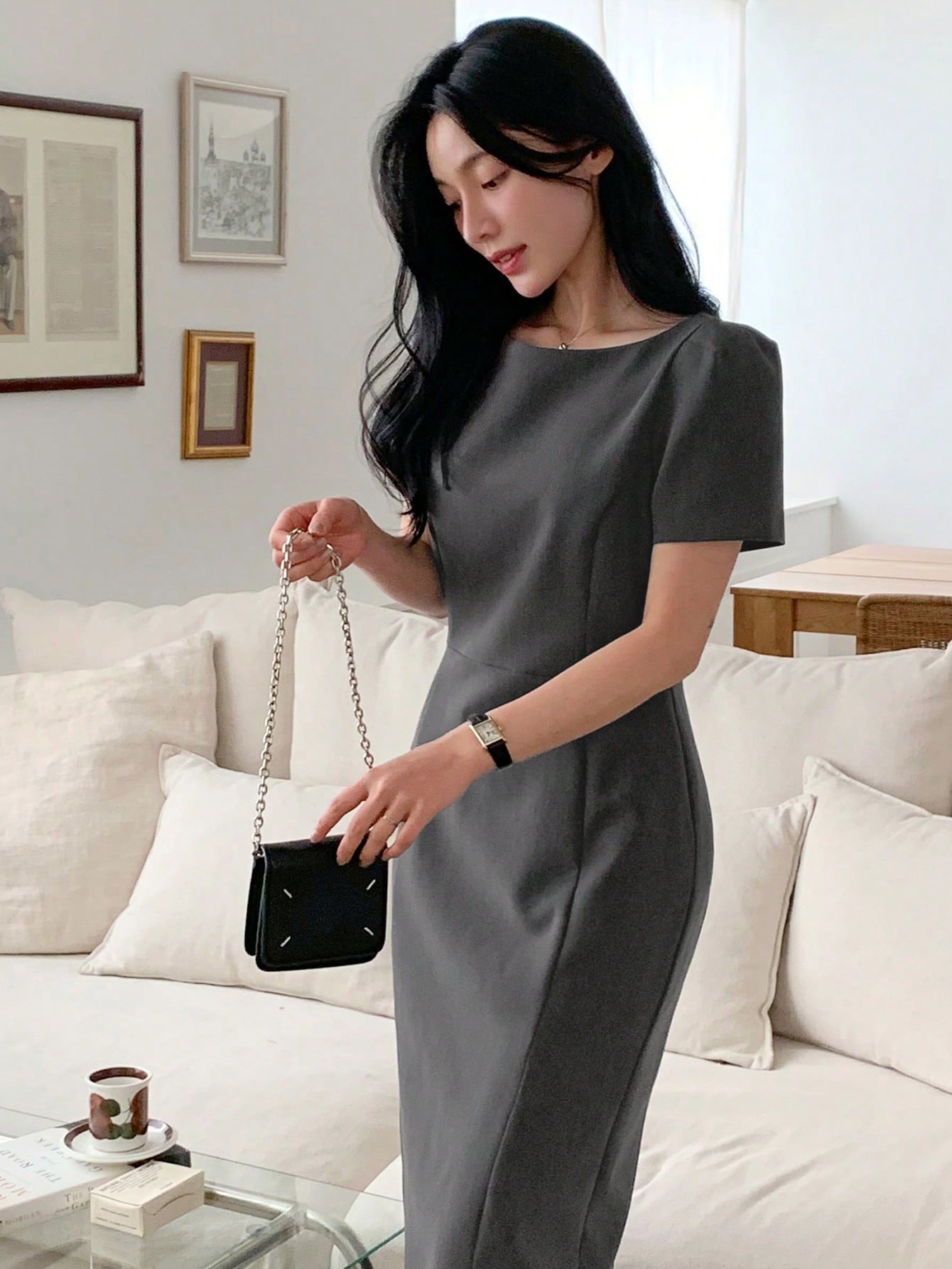 CM-DS250756 Women Casual Seoul Style Round Neck Waist Cinched Short Sleeve Double Layer Mesh Midi Dress
