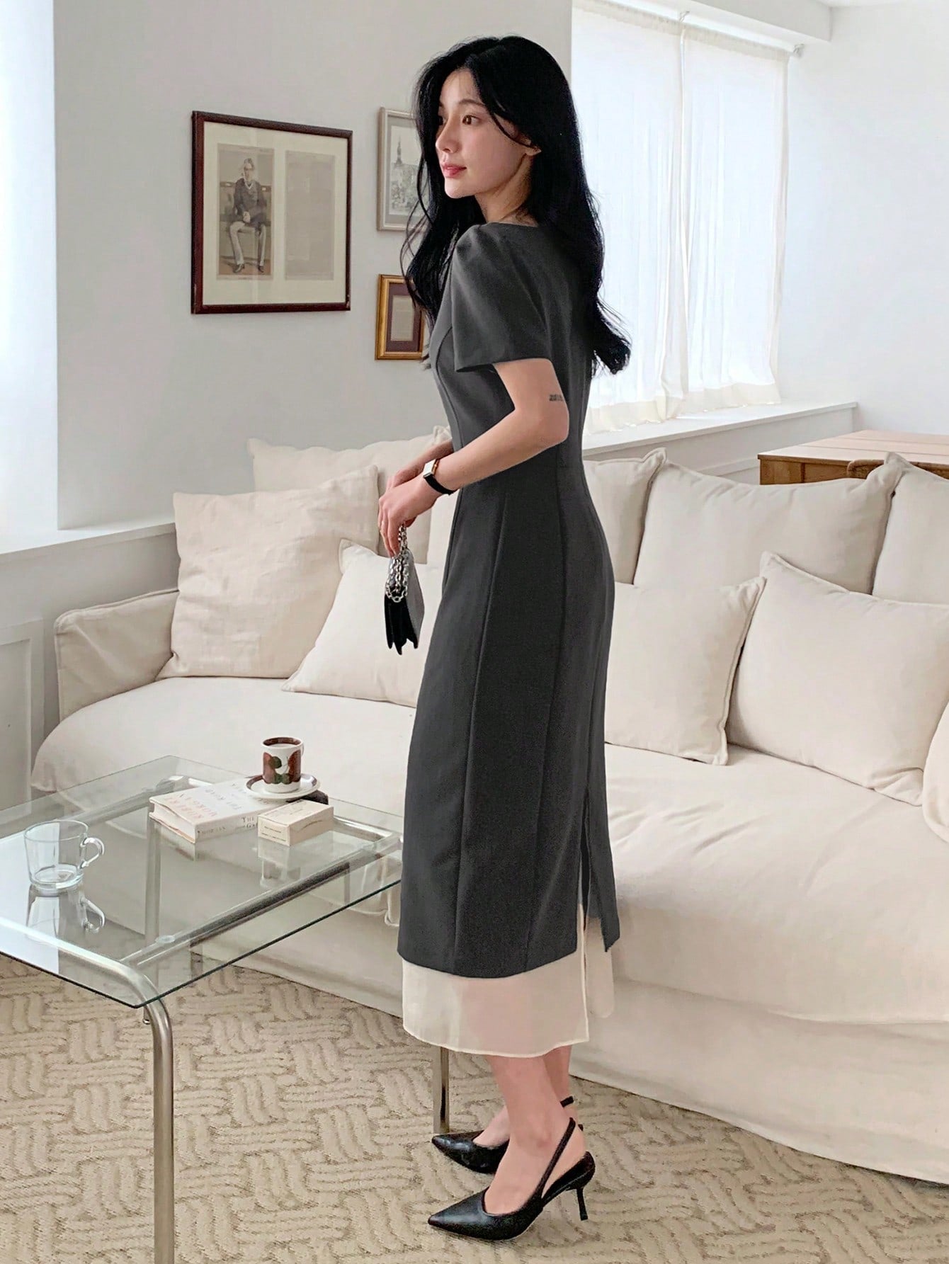 CM-DS250756 Women Casual Seoul Style Round Neck Waist Cinched Short Sleeve Double Layer Mesh Midi Dress