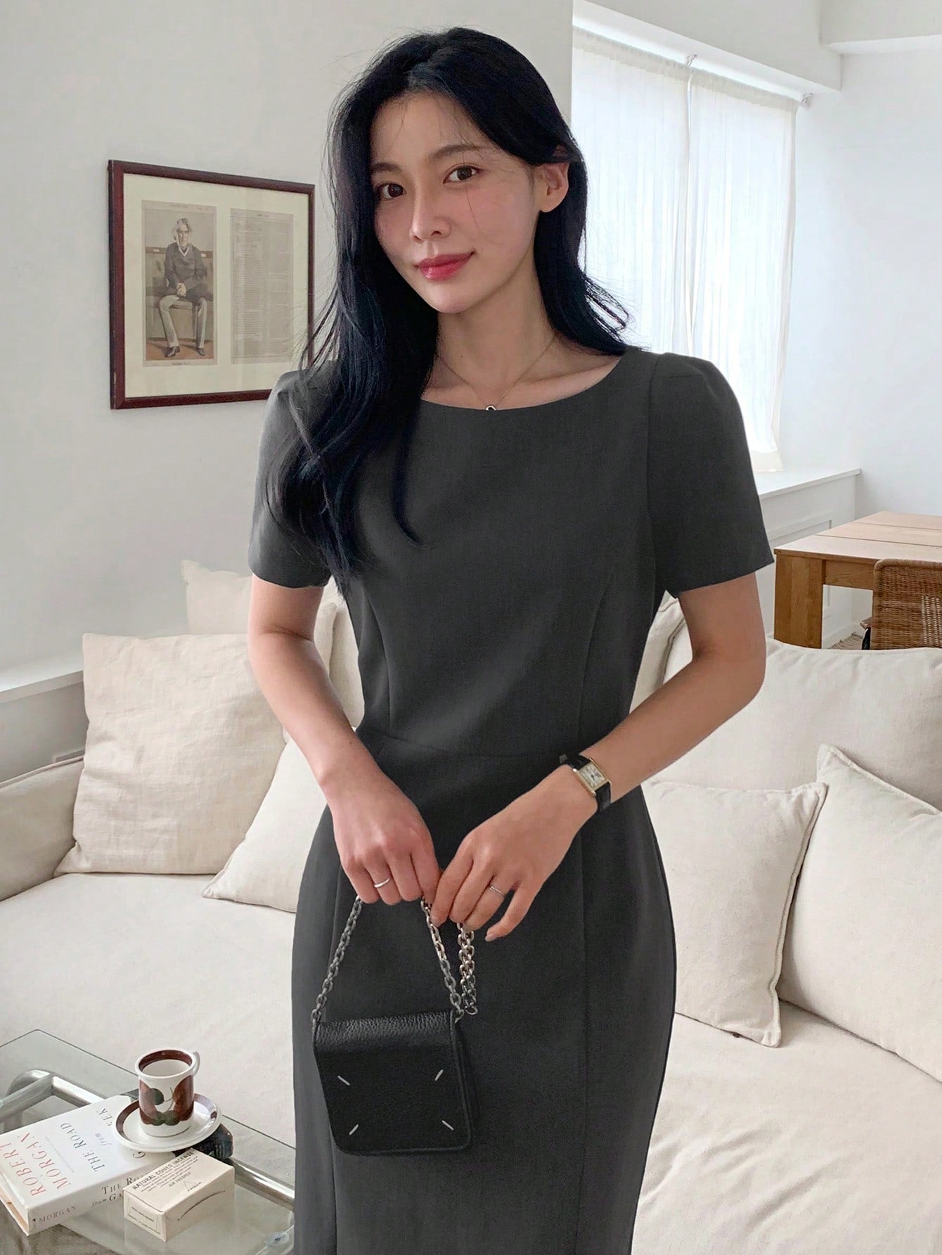 CM-DS250756 Women Casual Seoul Style Round Neck Waist Cinched Short Sleeve Double Layer Mesh Midi Dress