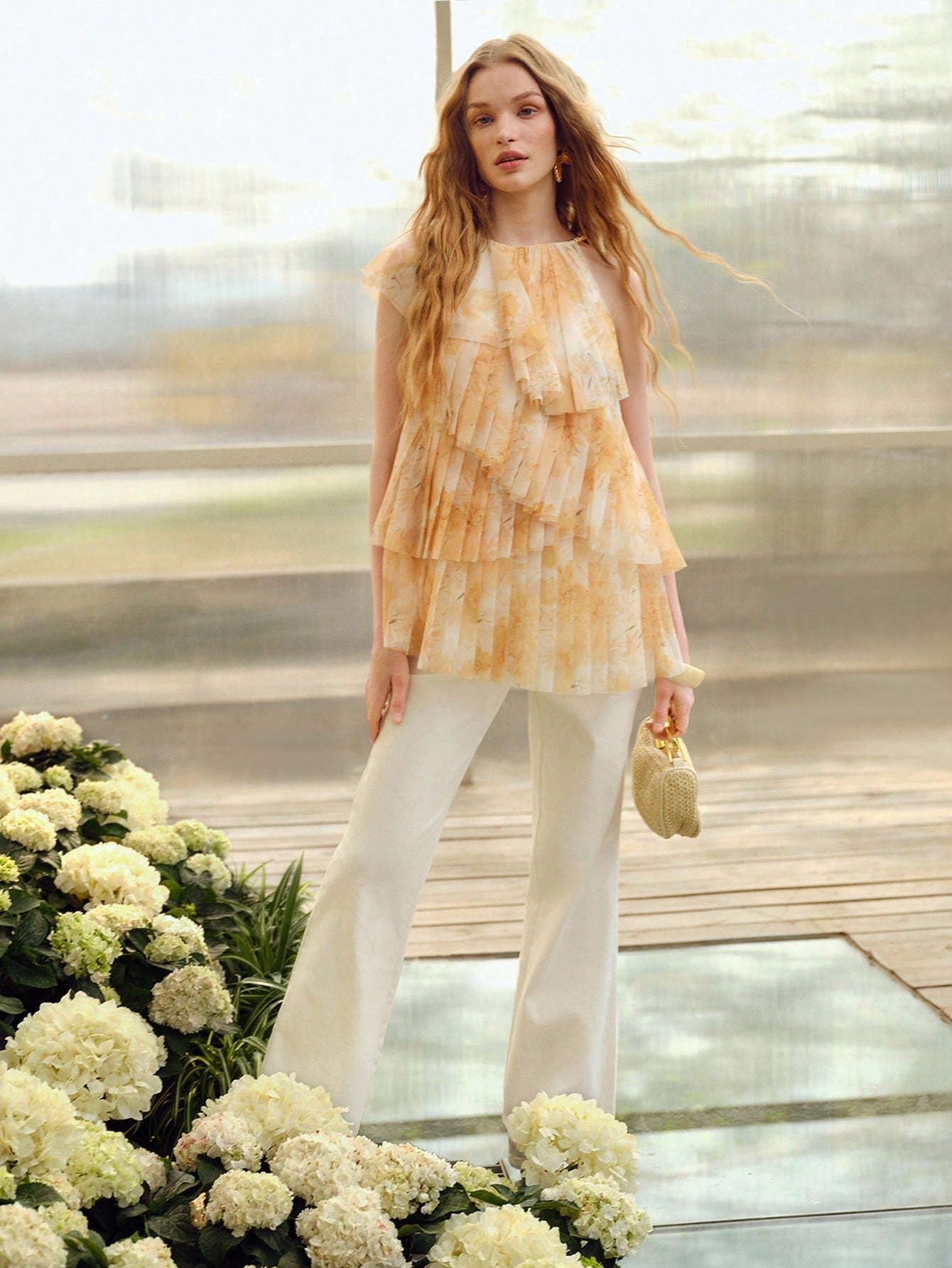 CM-TS088922 Women Elegant Seoul Style Halter Neckline Sleeveless Pleated Structural Design Blouse - Yellow