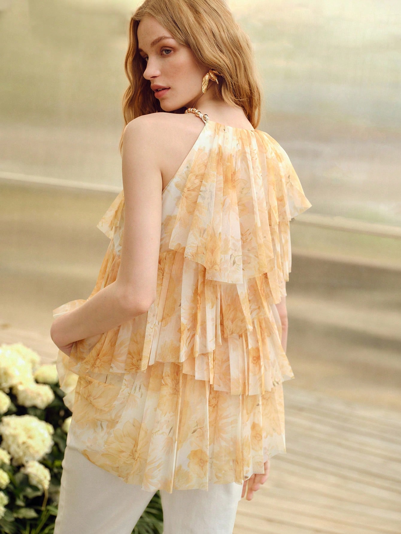 CM-TS088922 Women Elegant Seoul Style Halter Neckline Sleeveless Pleated Structural Design Blouse - Yellow