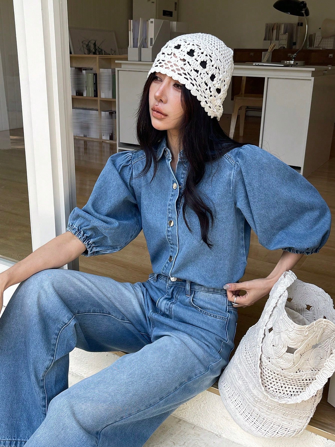 CM-SS996285 Women Casual Seoul Style Collar Neckline Puff Sleeve Shirt With Wide Leg Jeans - Set