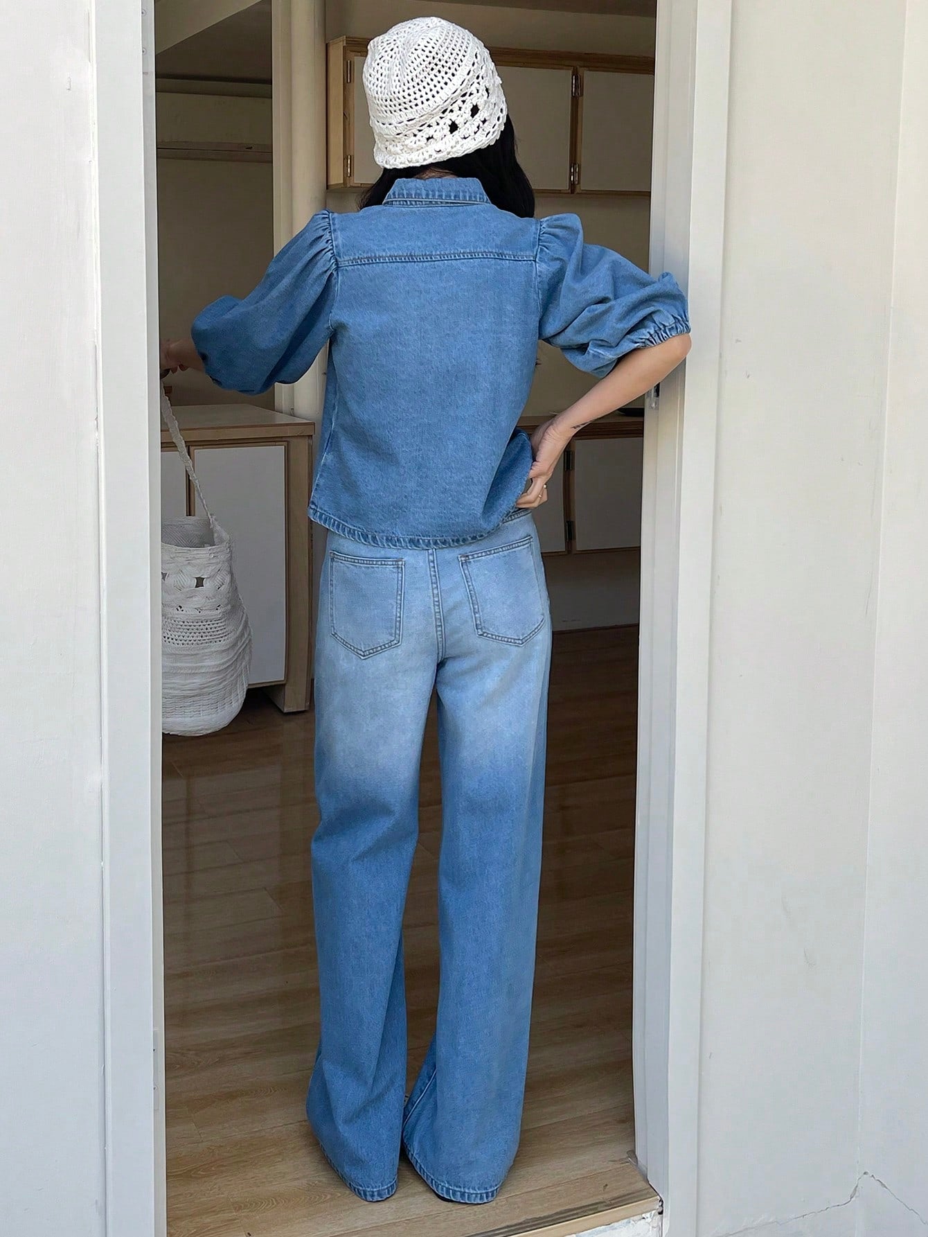 CM-SS996285 Women Casual Seoul Style Collar Neckline Puff Sleeve Shirt With Wide Leg Jeans - Set