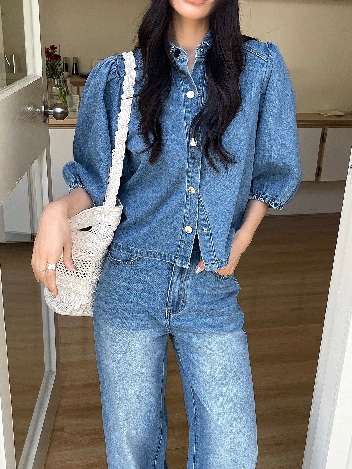 CM-SS996285 Women Casual Seoul Style Collar Neckline Puff Sleeve Shirt With Wide Leg Jeans - Set