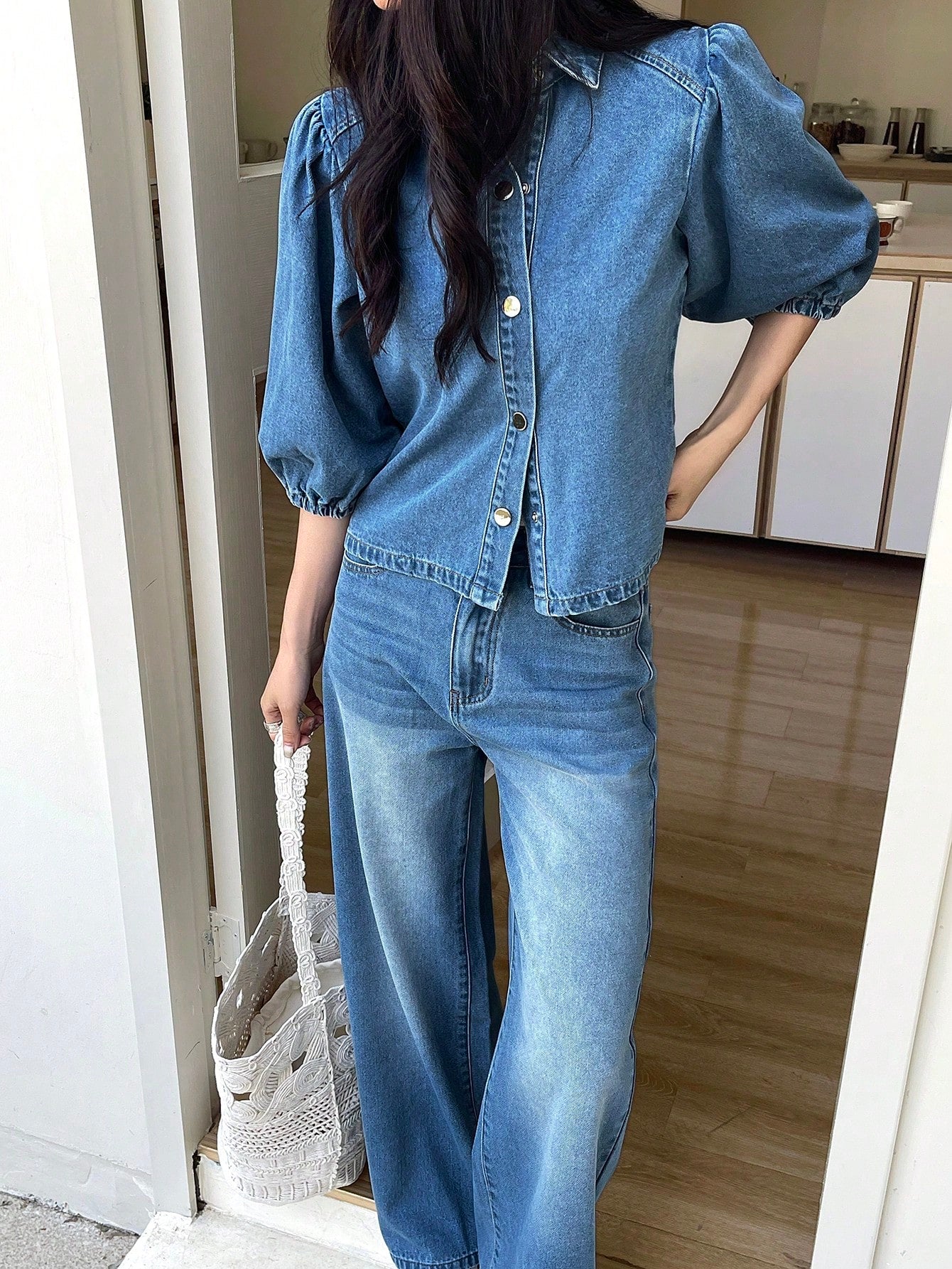 CM-SS996285 Women Casual Seoul Style Collar Neckline Puff Sleeve Shirt With Wide Leg Jeans - Set