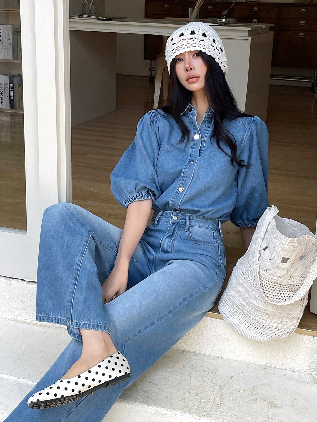 CM-SS996285 Women Casual Seoul Style Collar Neckline Puff Sleeve Shirt With Wide Leg Jeans - Set