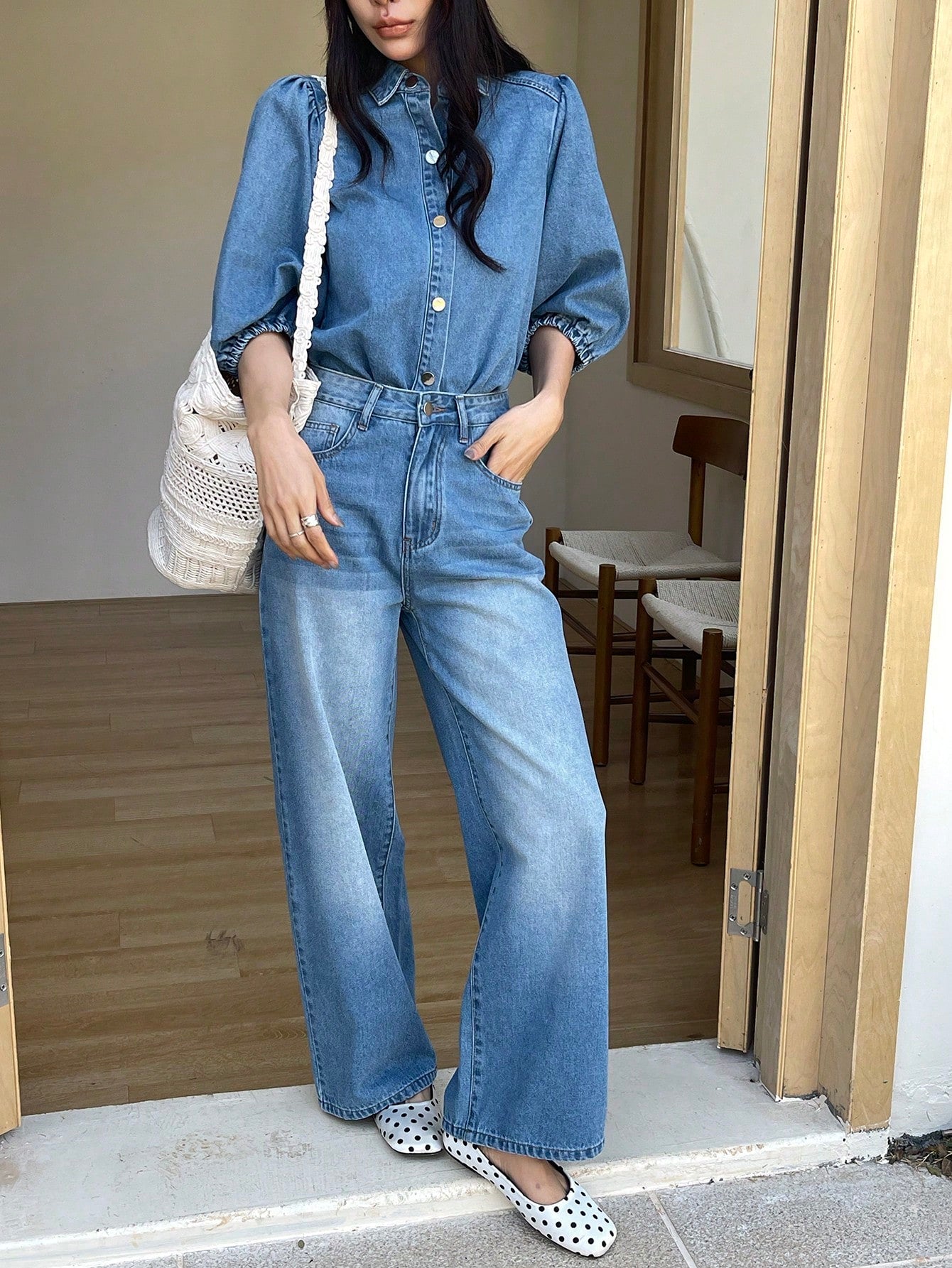CM-SS996285 Women Casual Seoul Style Collar Neckline Puff Sleeve Shirt With Wide Leg Jeans - Set