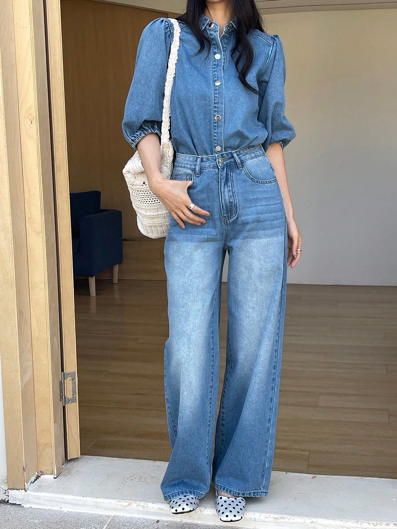 CM-SS996285 Women Casual Seoul Style Collar Neckline Puff Sleeve Shirt With Wide Leg Jeans - Set