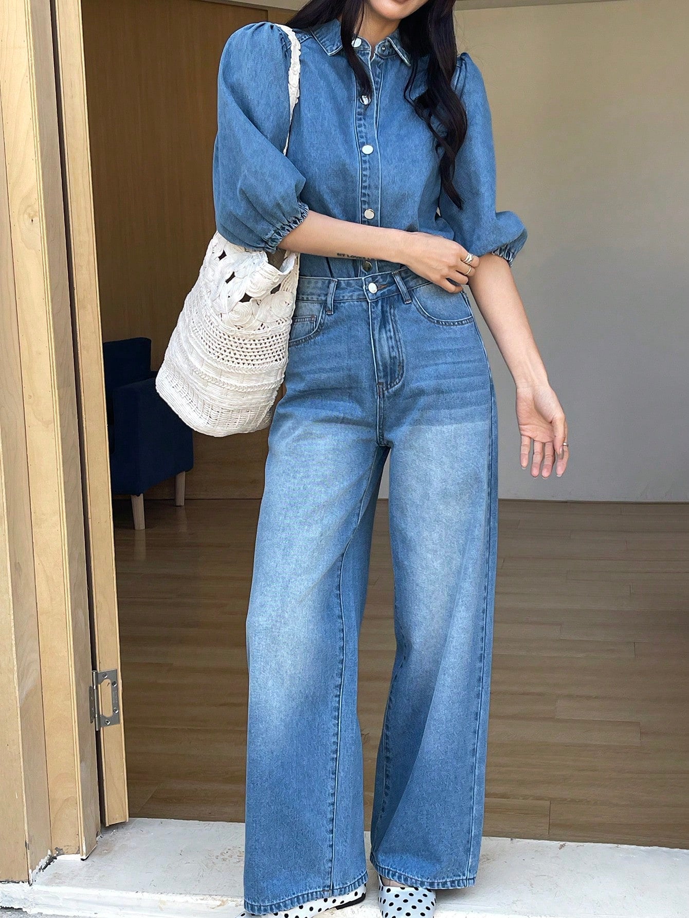 CM-SS996285 Women Casual Seoul Style Collar Neckline Puff Sleeve Shirt With Wide Leg Jeans - Set