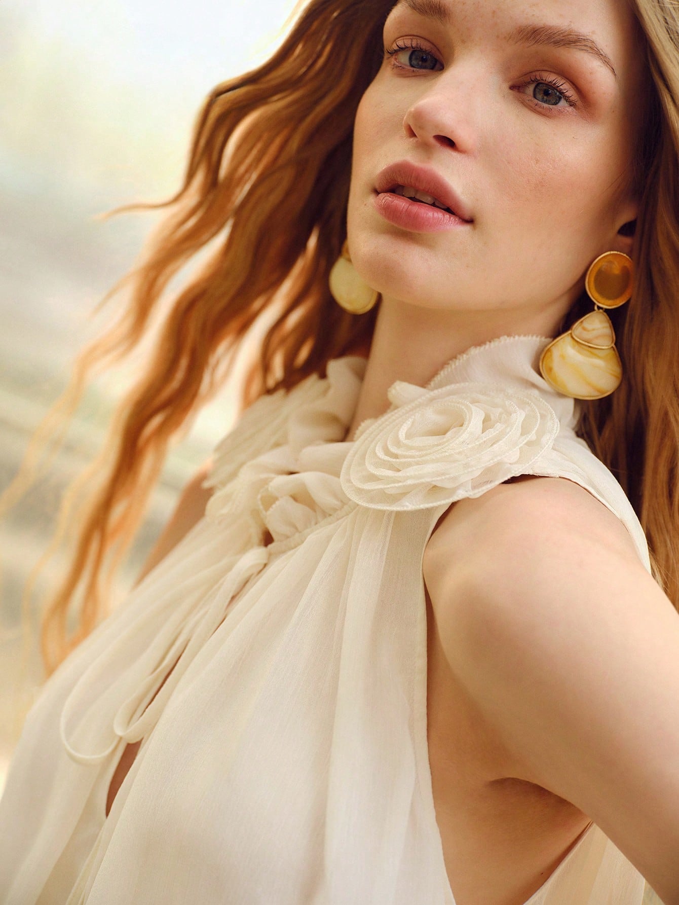 CM-TS821626 Women Trendy Bohemian Style 3D Floral V-Neck Sleeveless Drawstring Blouse - Beige