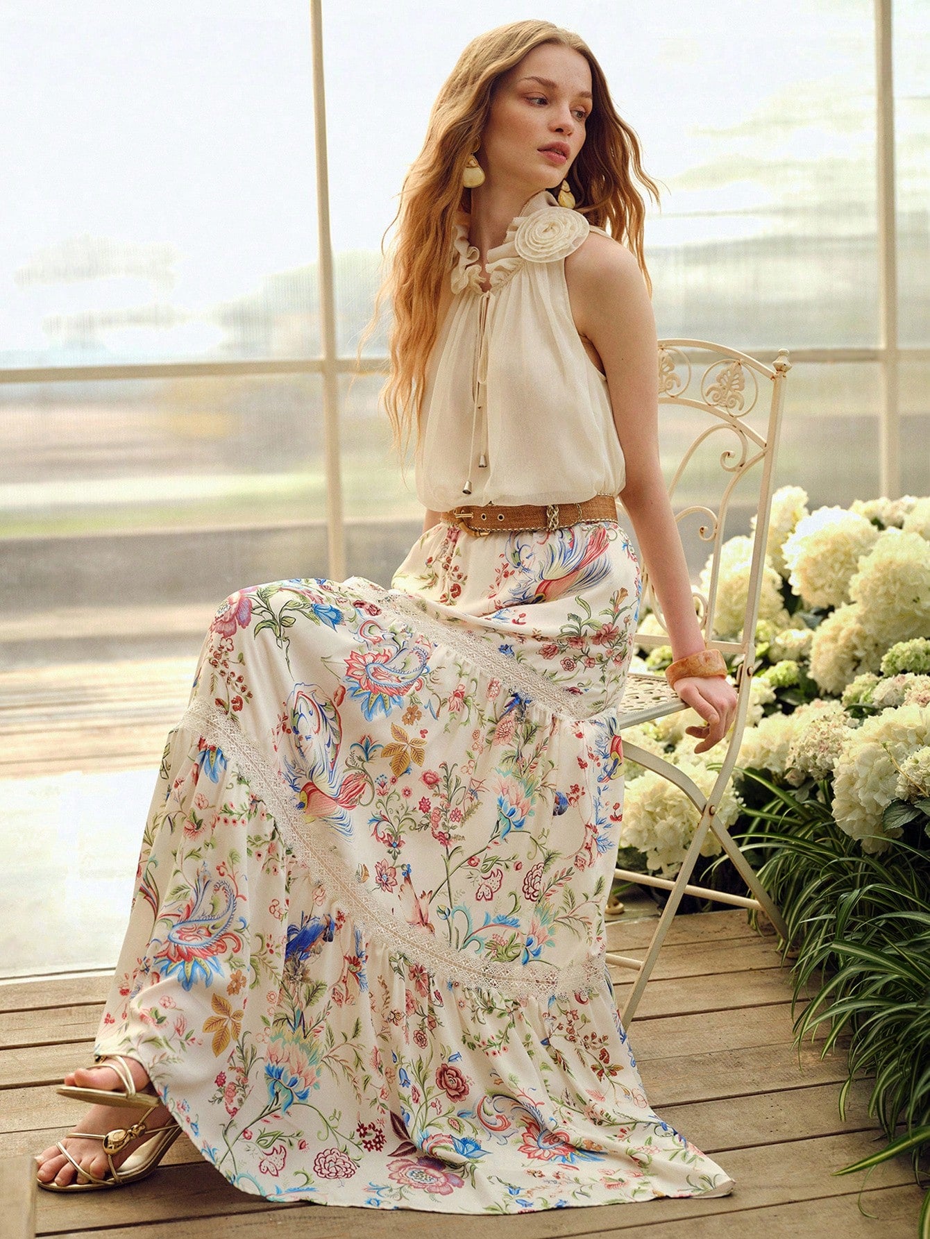 CM-TS821626 Women Trendy Bohemian Style 3D Floral V-Neck Sleeveless Drawstring Blouse - Beige