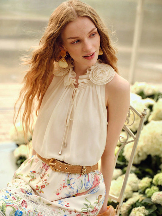 CM-TS821626 Women Trendy Bohemian Style 3D Floral V-Neck Sleeveless Drawstring Blouse - Beige