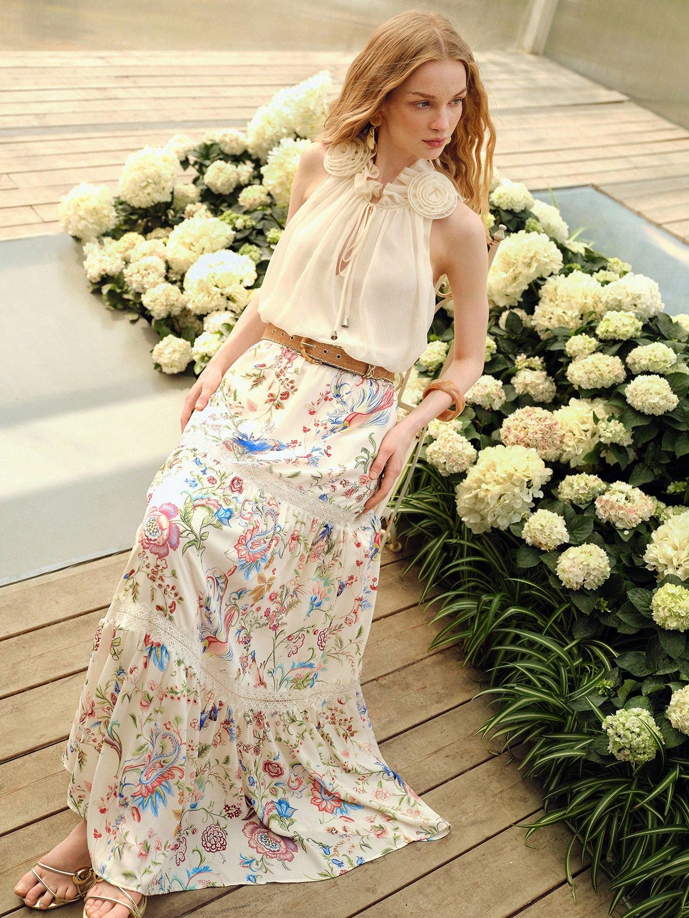 CM-TS821626 Women Trendy Bohemian Style 3D Floral V-Neck Sleeveless Drawstring Blouse - Beige