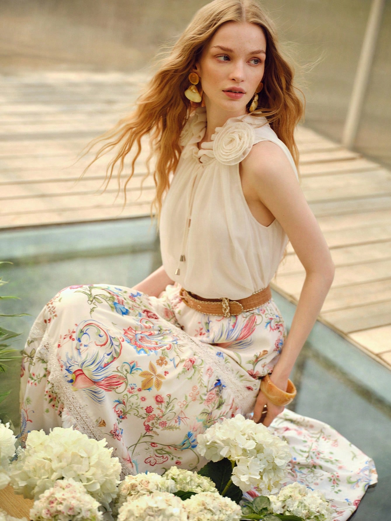 CM-TS821626 Women Trendy Bohemian Style 3D Floral V-Neck Sleeveless Drawstring Blouse - Beige