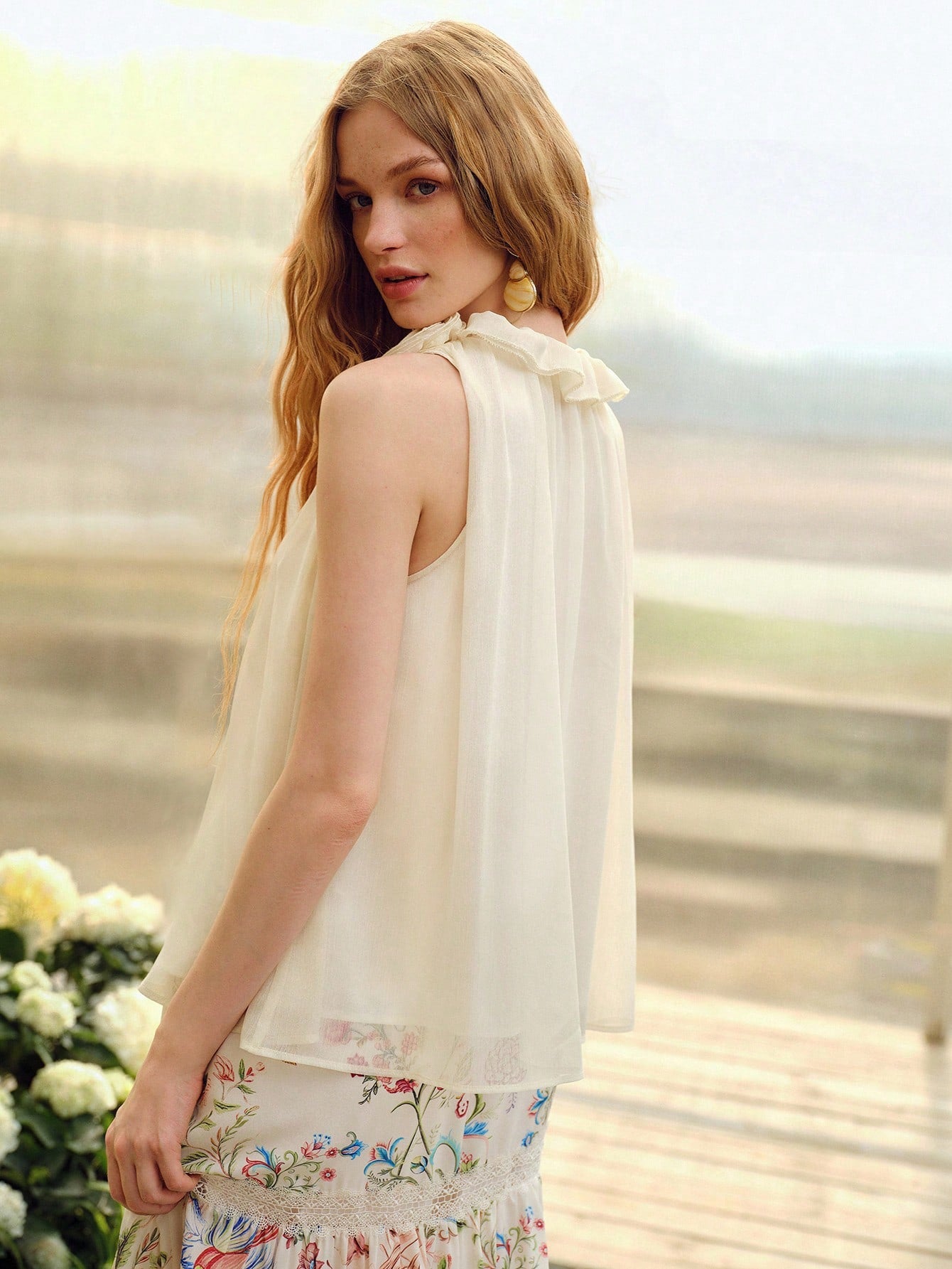 CM-TS821626 Women Trendy Bohemian Style 3D Floral V-Neck Sleeveless Drawstring Blouse - Beige