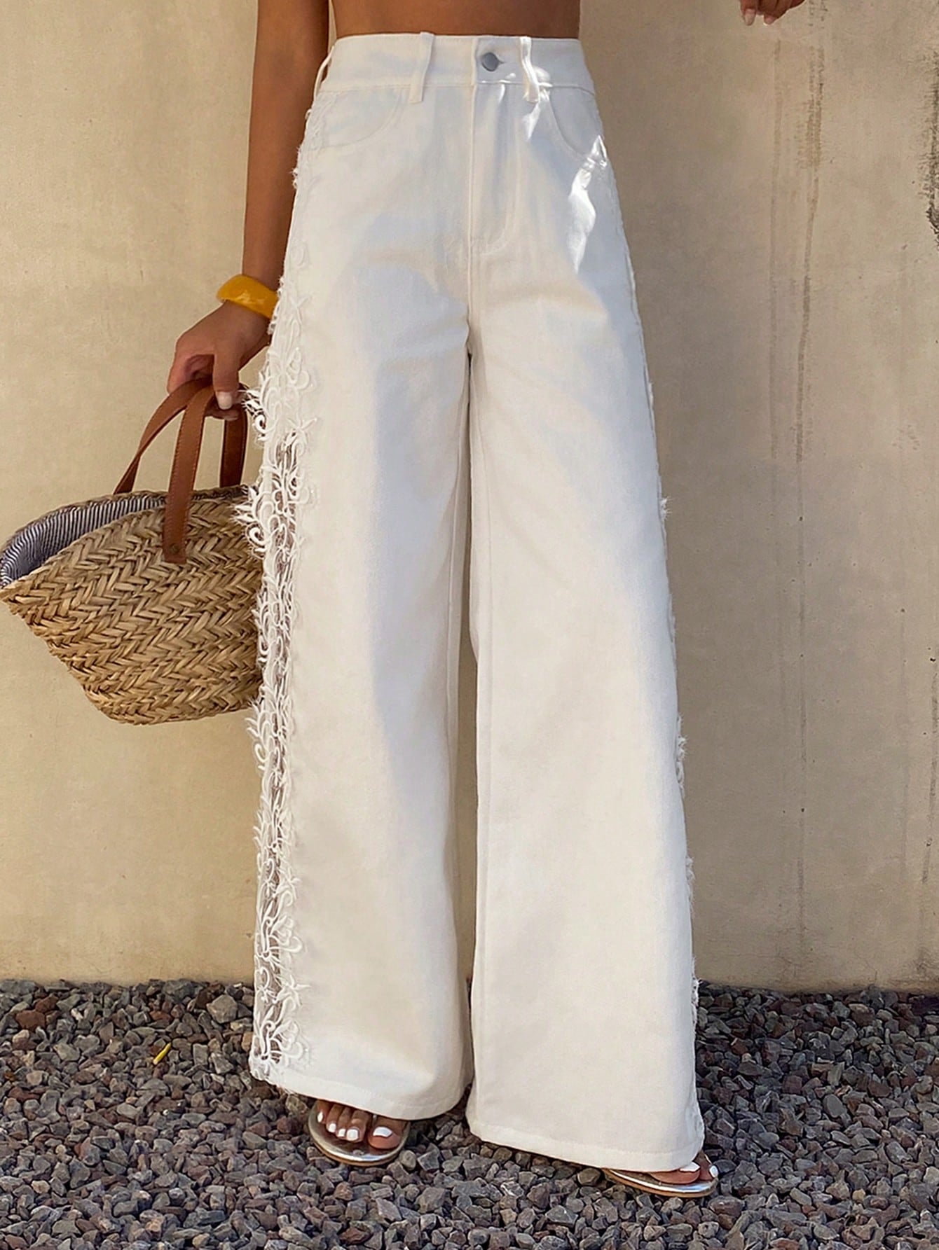 CM-BS825144 Women Casual Seoul Style Mid Waist Lace Trim Solid Color Wide Leg Jeans - White