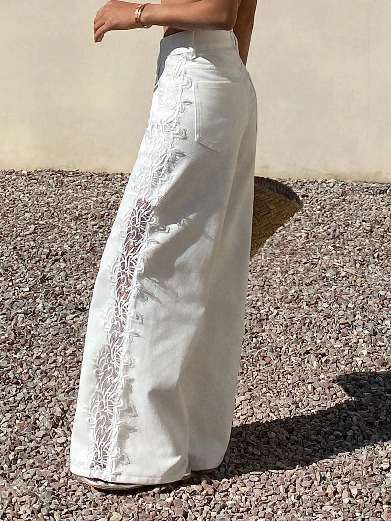 CM-BS825144 Women Casual Seoul Style Mid Waist Lace Trim Solid Color Wide Leg Jeans - White