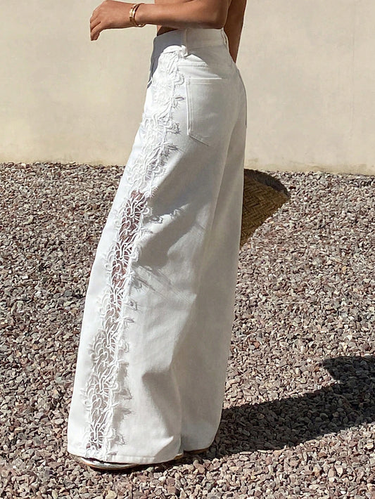 CM-BS825144 Women Casual Seoul Style Mid Waist Lace Trim Solid Color Wide Leg Jeans - White