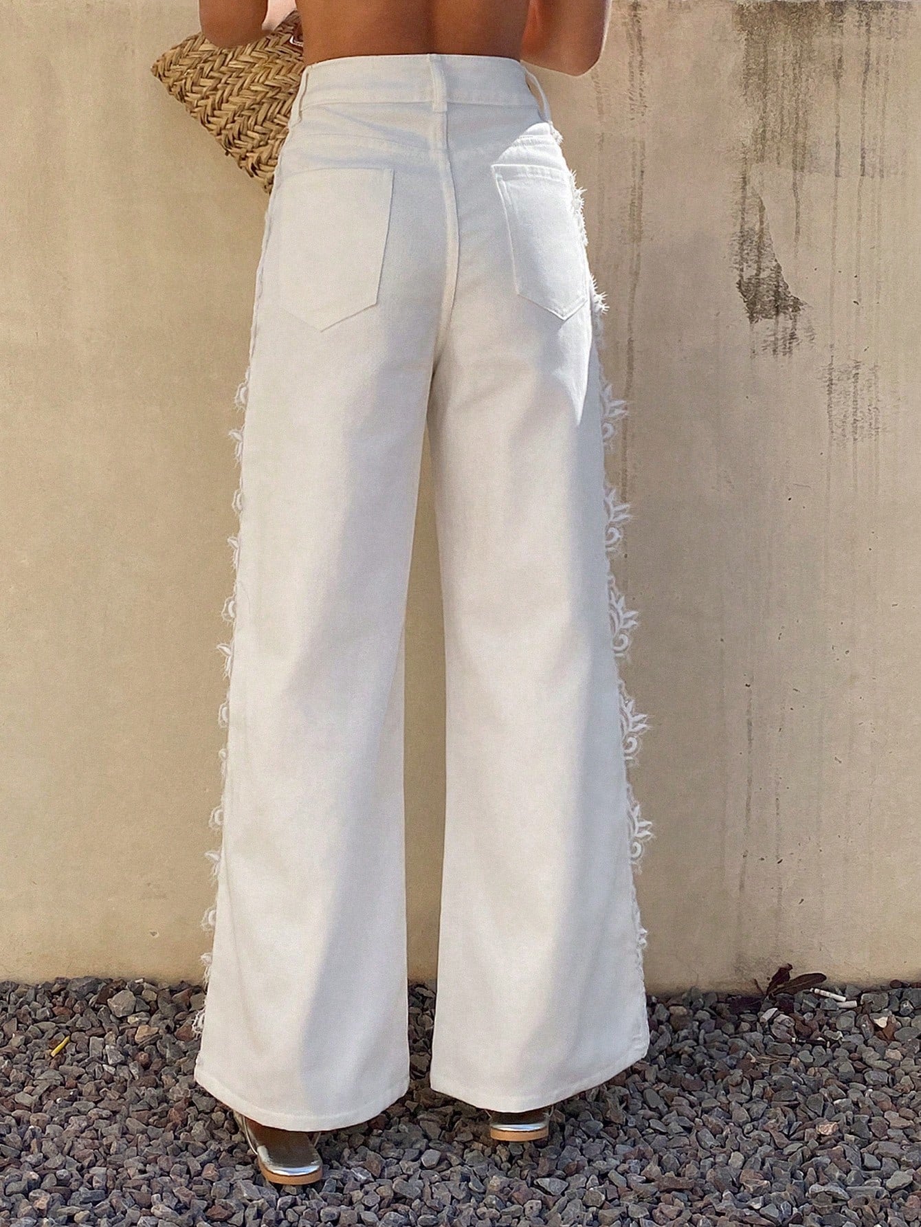 CM-BS825144 Women Casual Seoul Style Mid Waist Lace Trim Solid Color Wide Leg Jeans - White