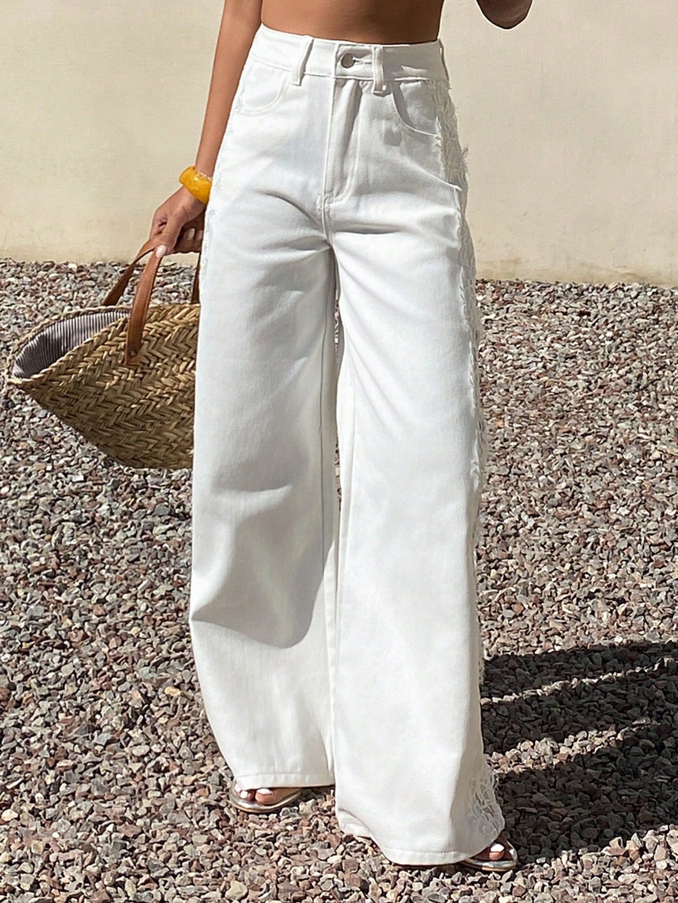 CM-BS825144 Women Casual Seoul Style Mid Waist Lace Trim Solid Color Wide Leg Jeans - White