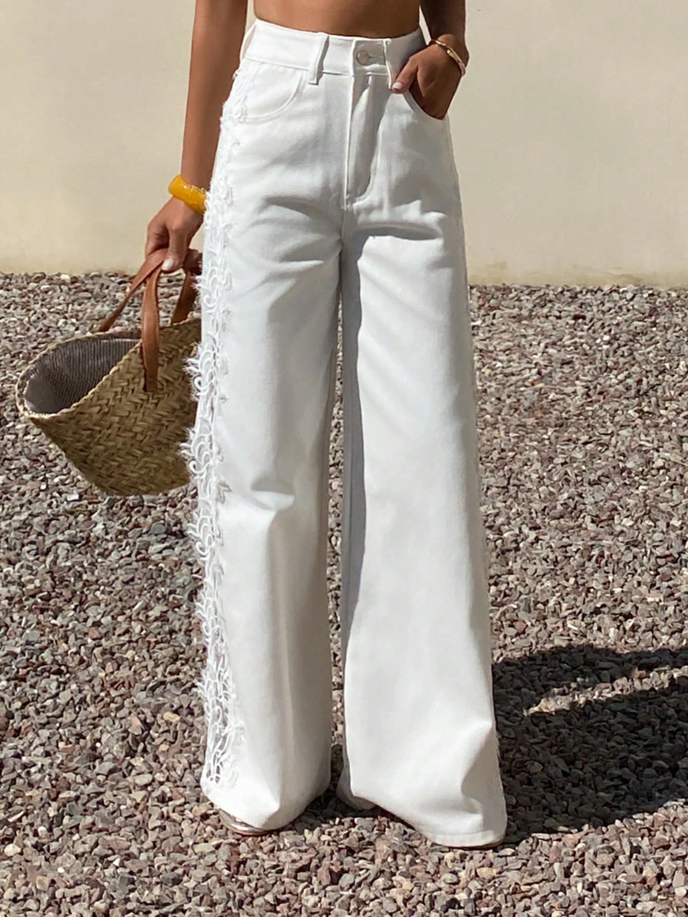 CM-BS825144 Women Casual Seoul Style Mid Waist Lace Trim Solid Color Wide Leg Jeans - White