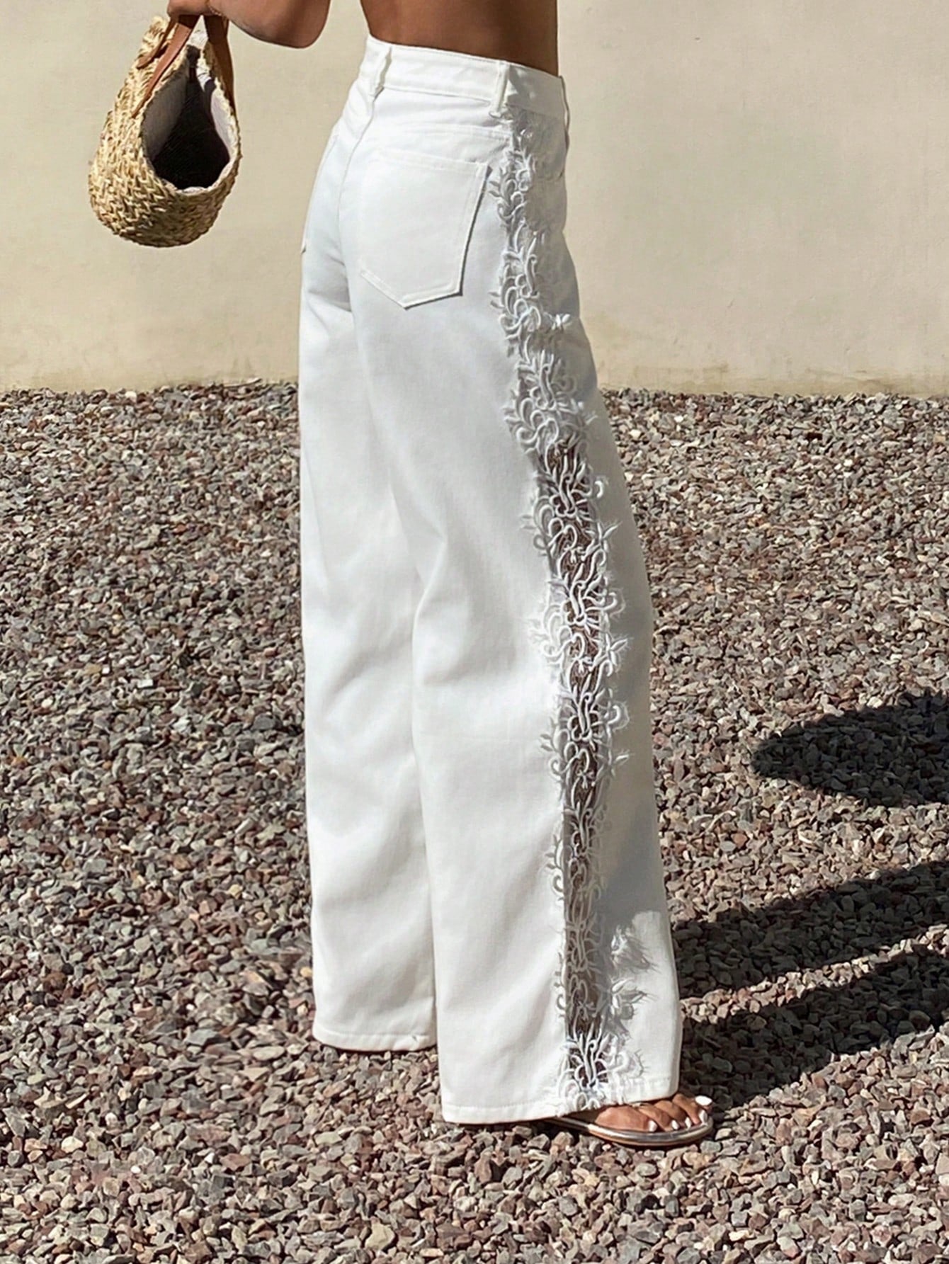 CM-BS825144 Women Casual Seoul Style Mid Waist Lace Trim Solid Color Wide Leg Jeans - White