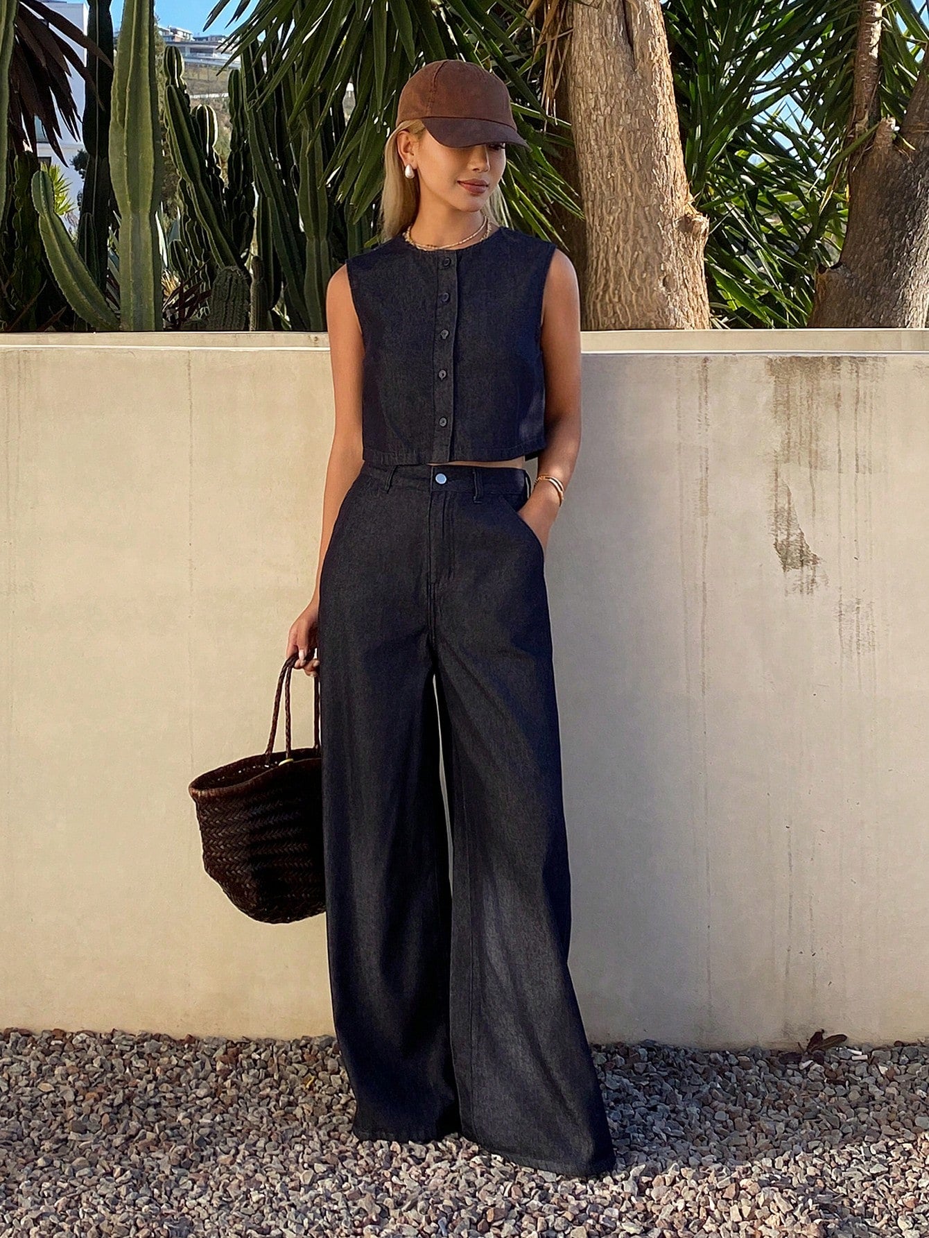 CM-SS371783 Women Casual Seoul Style Round Neck Sleeveless Open Front Denim Vest With Loose Straight Leg Jeans - Set