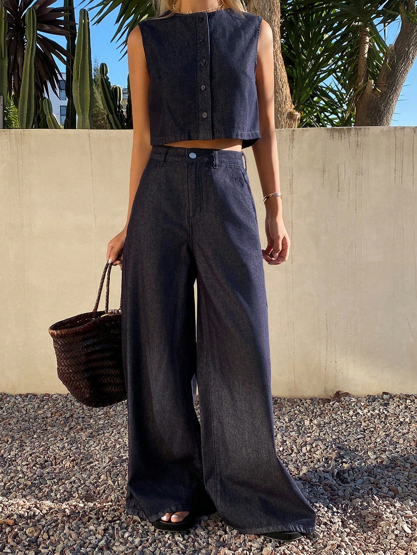 CM-SS371783 Women Casual Seoul Style Round Neck Sleeveless Open Front Denim Vest With Loose Straight Leg Jeans - Set