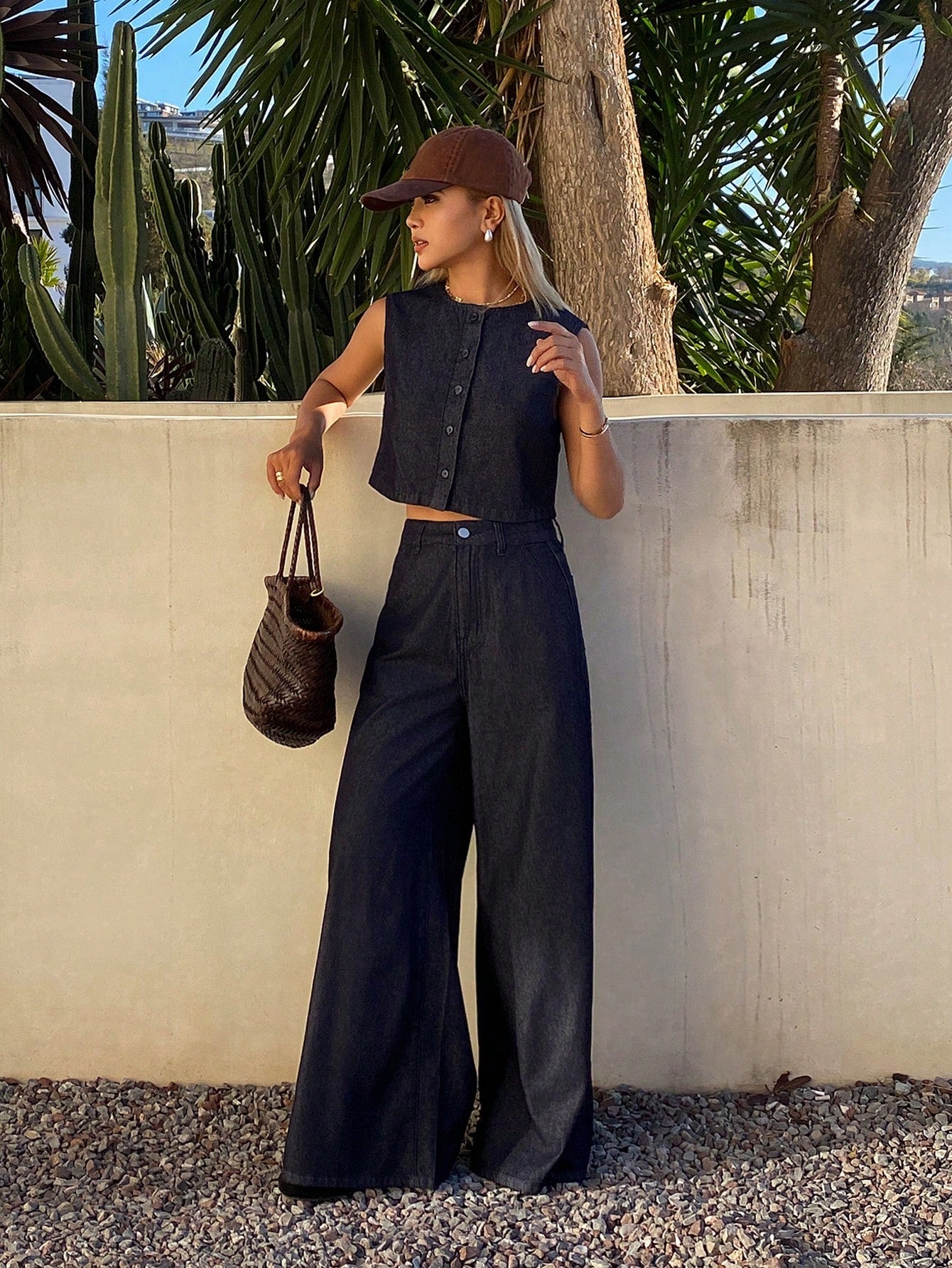 CM-SS371783 Women Casual Seoul Style Round Neck Sleeveless Open Front Denim Vest With Loose Straight Leg Jeans - Set