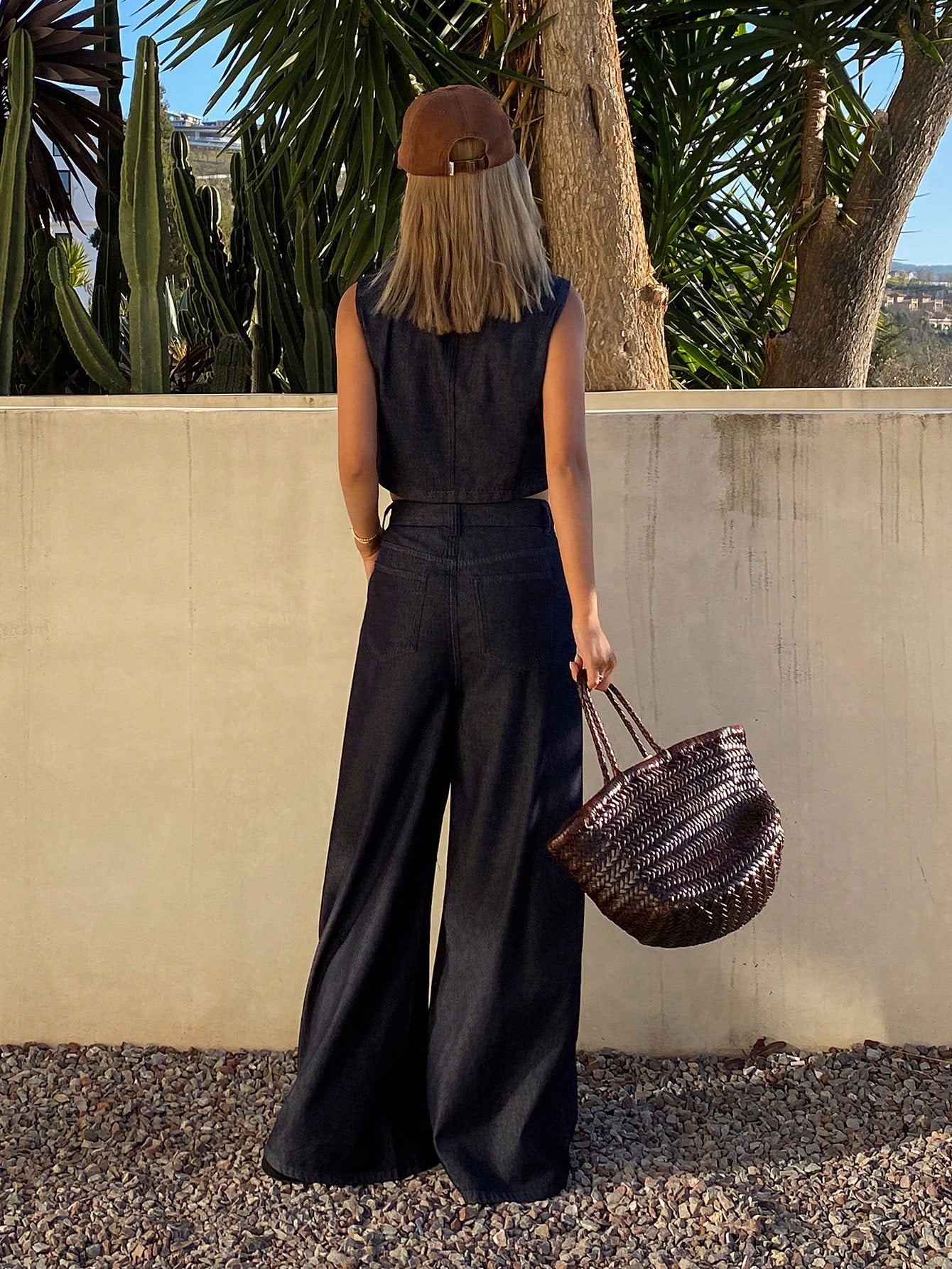 CM-SS371783 Women Casual Seoul Style Round Neck Sleeveless Open Front Denim Vest With Loose Straight Leg Jeans - Set