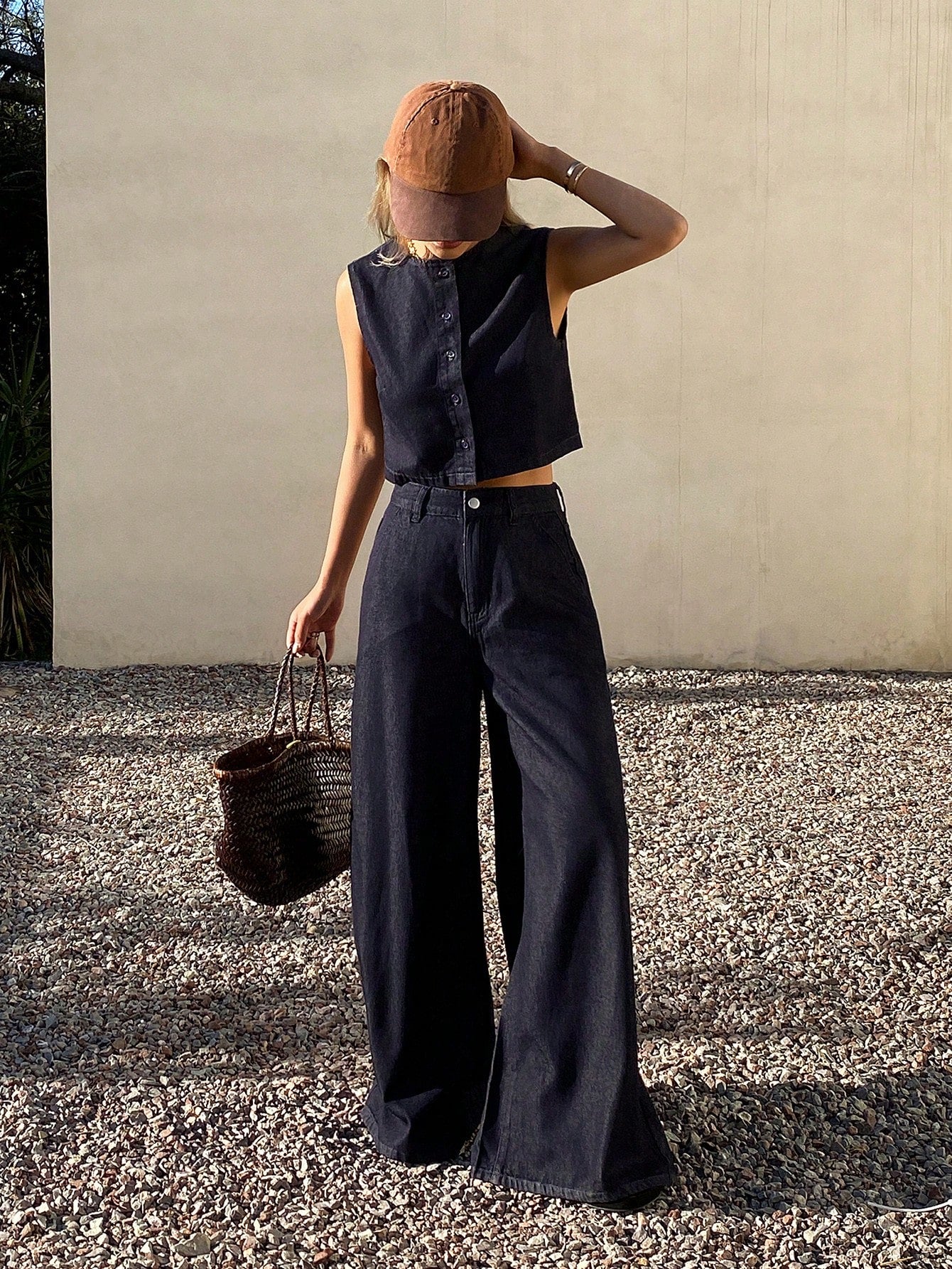 CM-SS371783 Women Casual Seoul Style Round Neck Sleeveless Open Front Denim Vest With Loose Straight Leg Jeans - Set