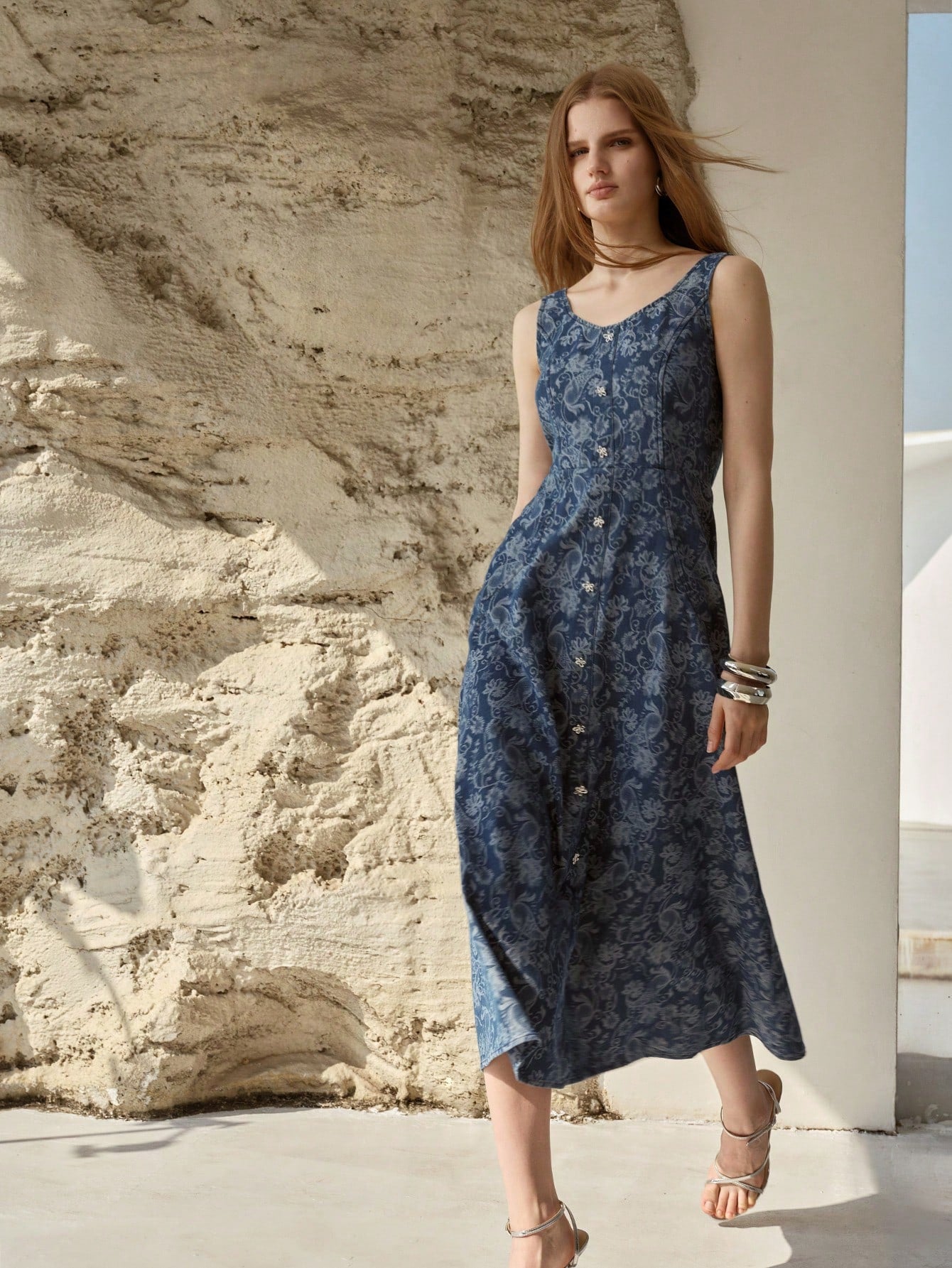 CM-DS007774 Women Elegant Seoul Style Scoop Neck Sleeveless Jacquard Cinched Waist Denim Dress - Blue